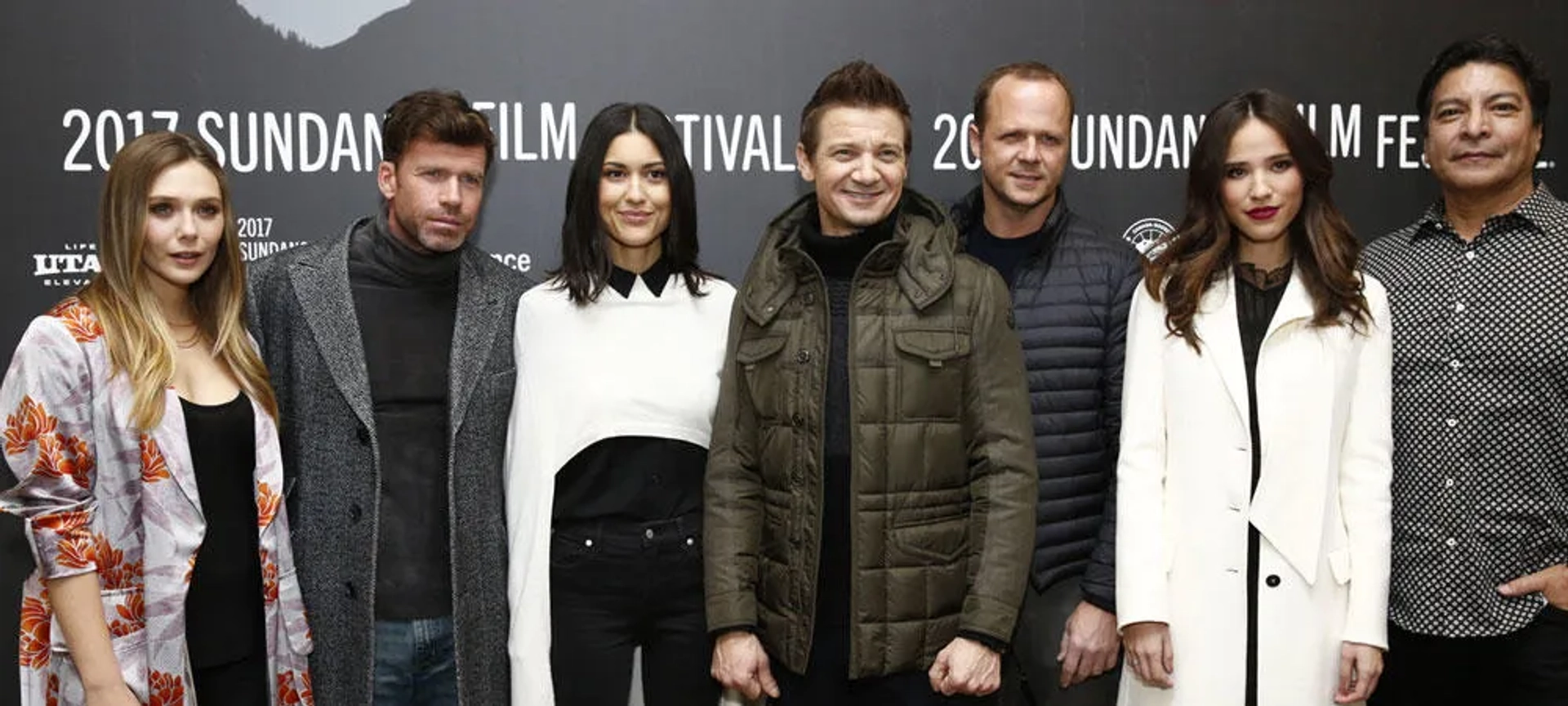 Gil Birmingham, Norman Lehnert, Elizabeth Olsen, Jeremy Renner, Taylor Sheridan, Julia Jones, and Kelsey Asbille at an event for Wind River (2017)