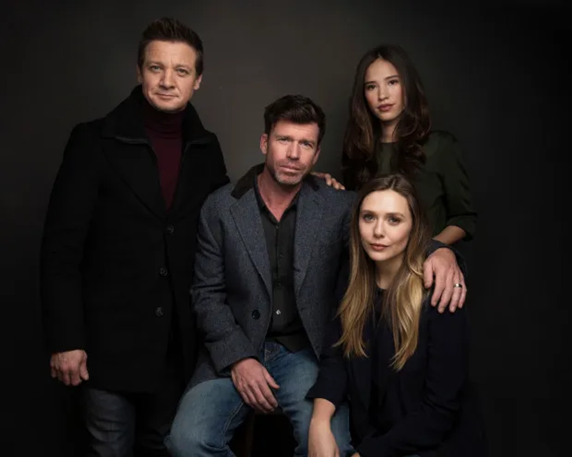 Elizabeth Olsen, Jeremy Renner, Taylor Sheridan, and Kelsey Asbille at an event for Wind River (2017)