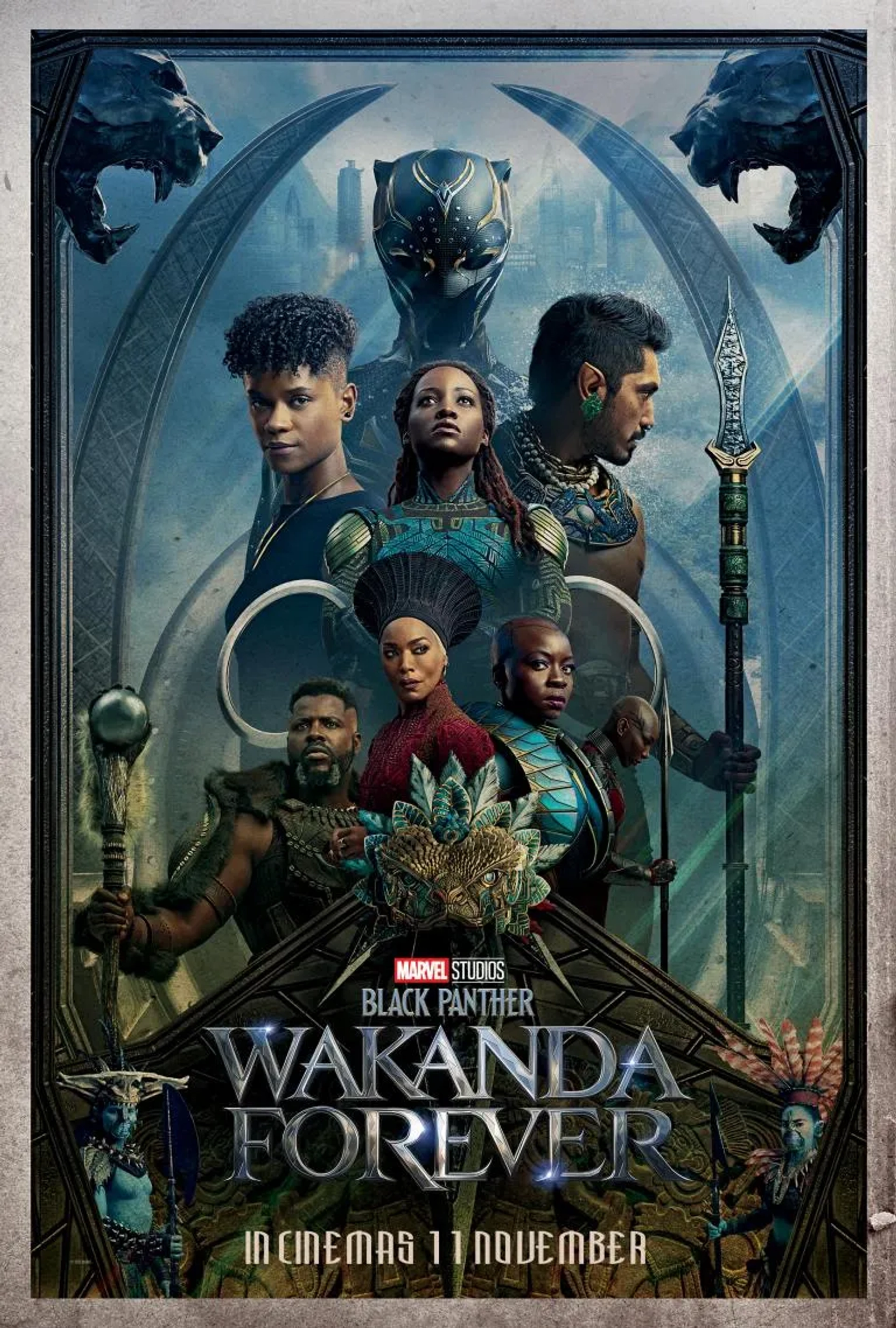 Angela Bassett, Danai Gurira, Lupita Nyong'o, Tenoch Huerta, Alex Livinalli, Michaela Coel, Letitia Wright, Mabel Cadena, and Winston Duke in Black Panther: Wakanda Forever (2022)