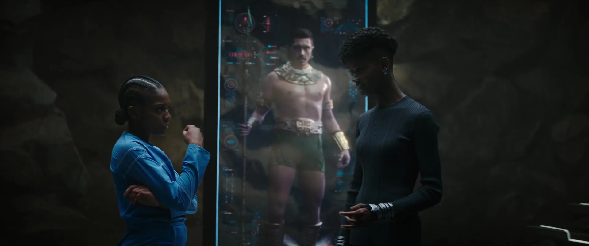 Tenoch Huerta, Letitia Wright, and Dominique Thorne in Black Panther: Wakanda Forever (2022)