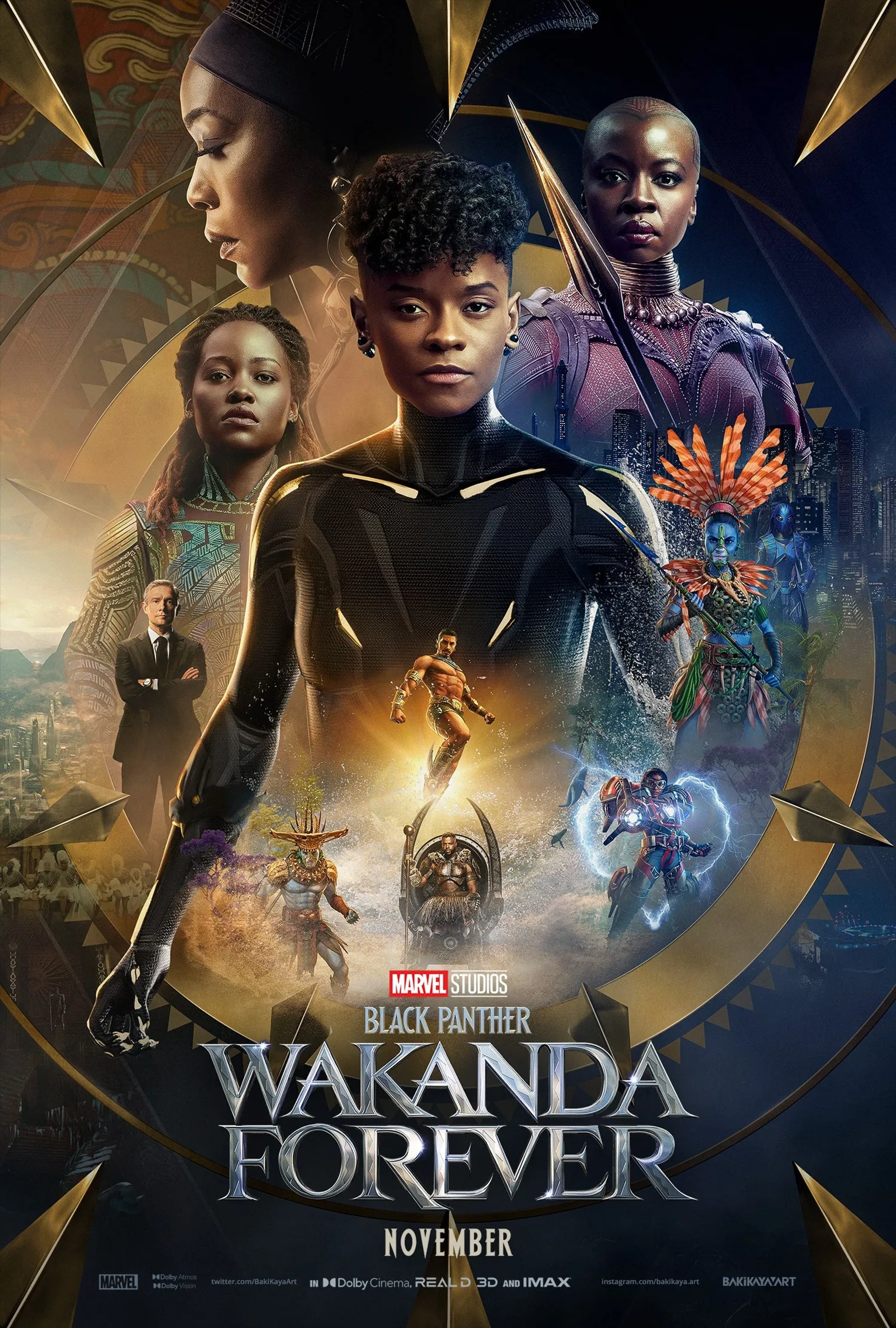 Angela Bassett, Martin Freeman, Danai Gurira, Lupita Nyong'o, Tenoch Huerta, Alex Livinalli, Letitia Wright, Mabel Cadena, Winston Duke, and Dominique Thorne in Black Panther: Wakanda Forever (2022)