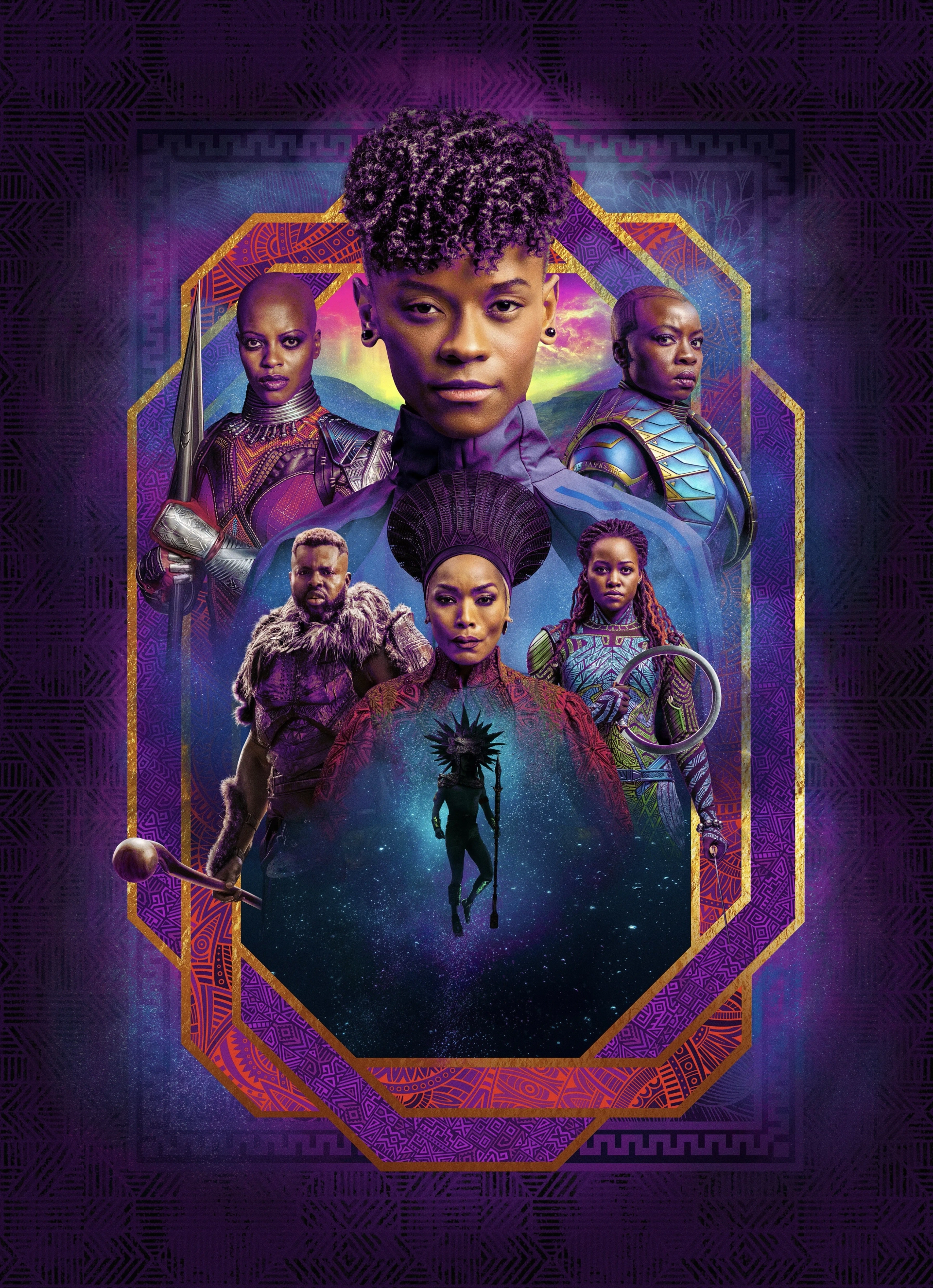 Angela Bassett, Danai Gurira, Lupita Nyong'o, Tenoch Huerta, Michaela Coel, Letitia Wright, and Winston Duke in Black Panther: Wakanda Forever (2022)