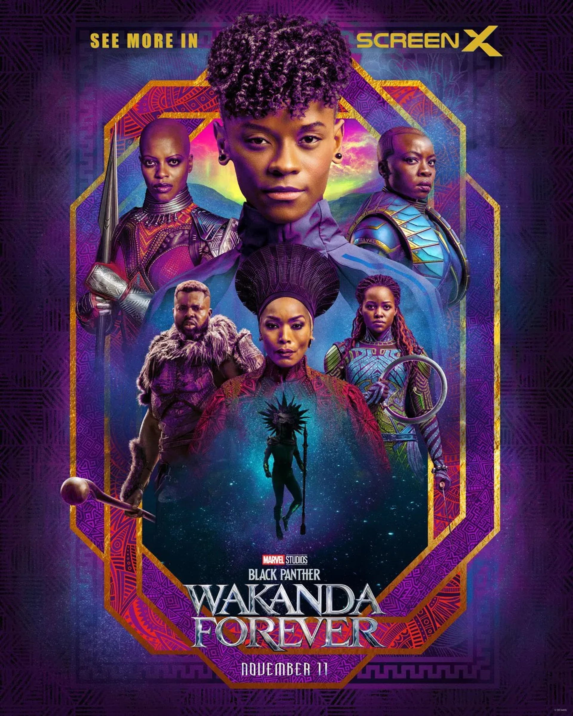 Angela Bassett, Florence Kasumba, Danai Gurira, Lupita Nyong'o, Tenoch Huerta, and Letitia Wright in Black Panther: Wakanda Forever (2022)