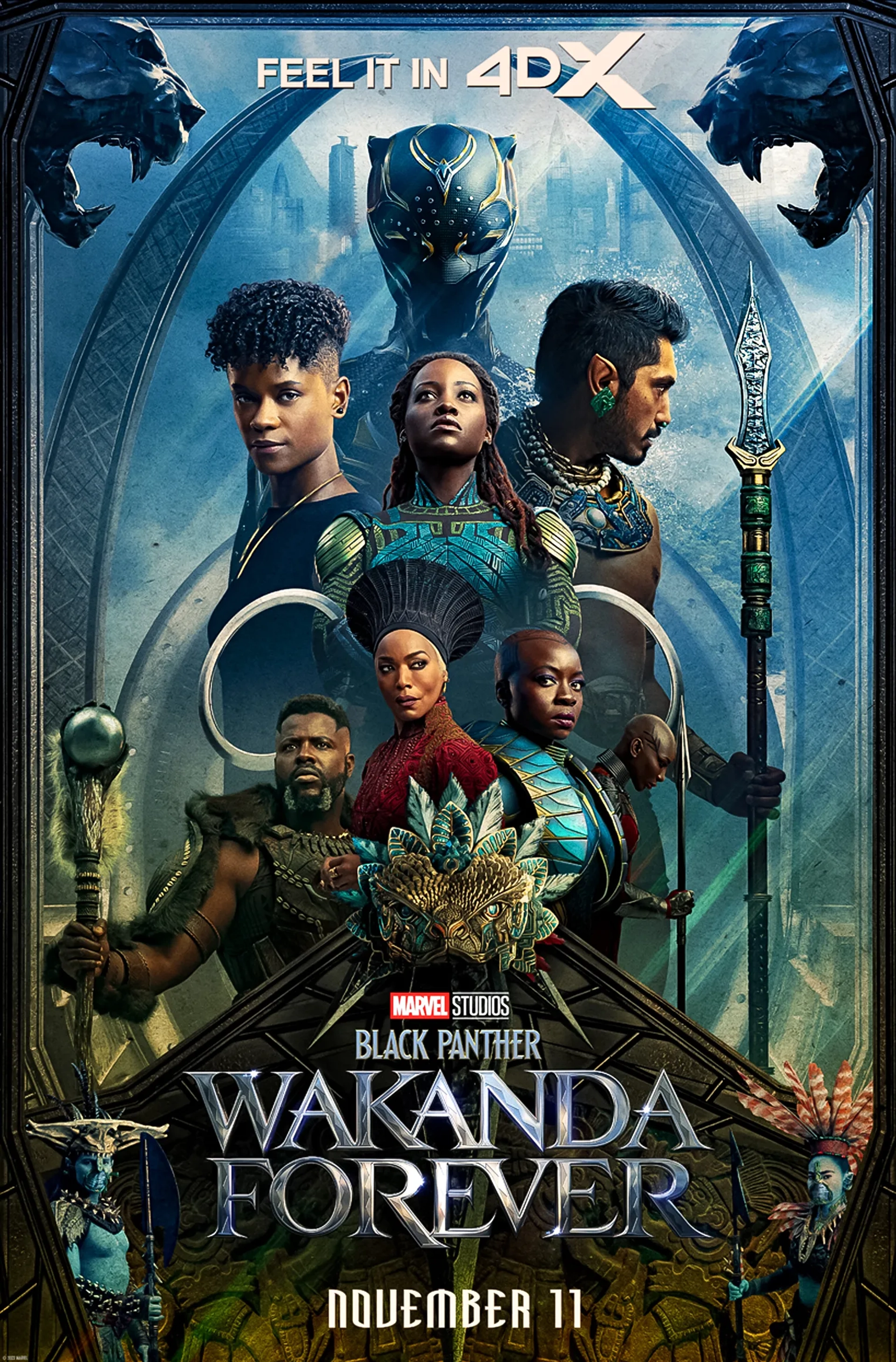 Angela Bassett, Danai Gurira, Lupita Nyong'o, Tenoch Huerta, Alex Livinalli, Michaela Coel, Letitia Wright, Mabel Cadena, and Winston Duke in Black Panther: Wakanda Forever (2022)