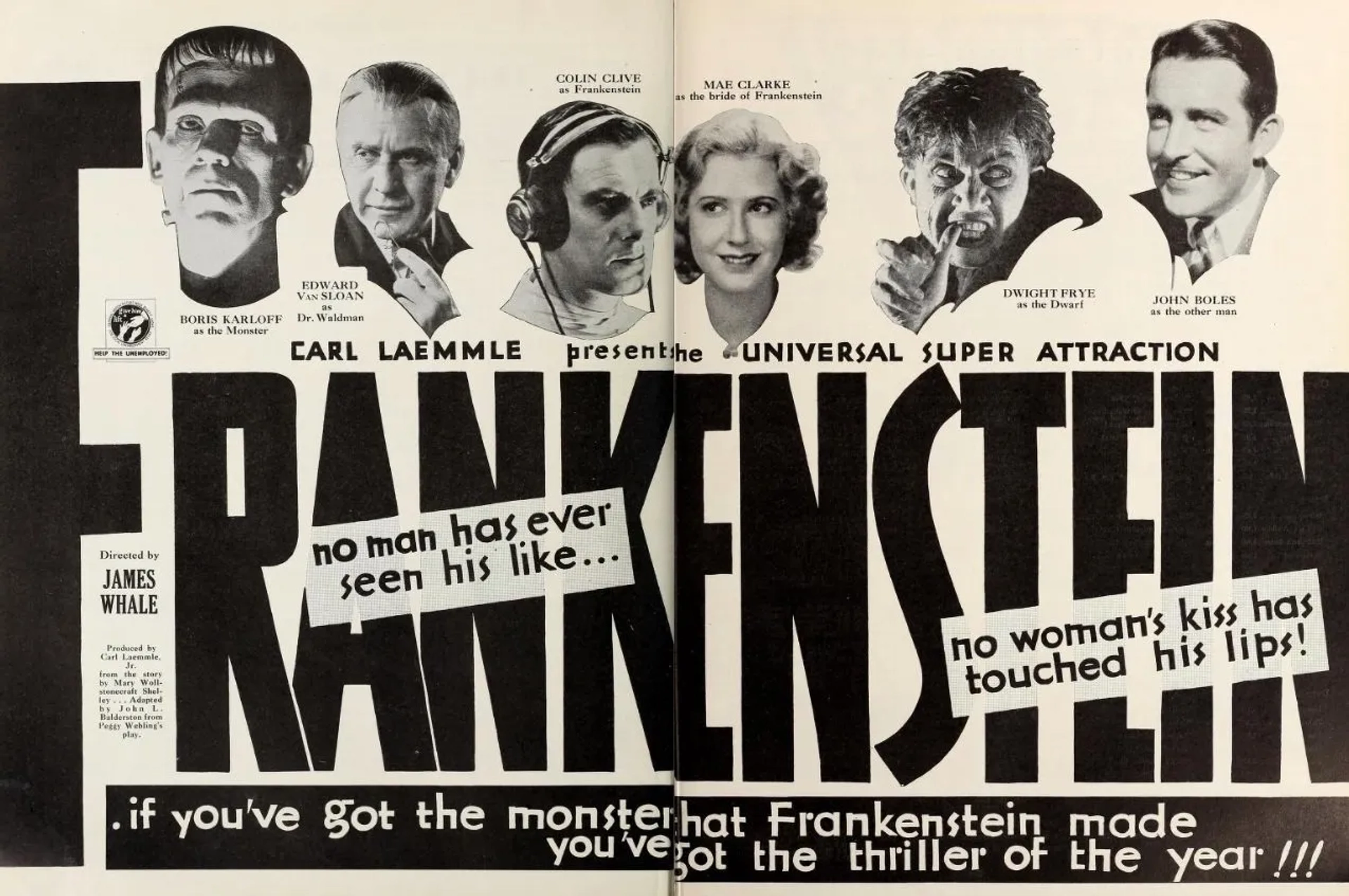 Boris Karloff, John Boles, Mae Clarke, Colin Clive, Dwight Frye, and Edward Van Sloan in Frankenstein (1931)