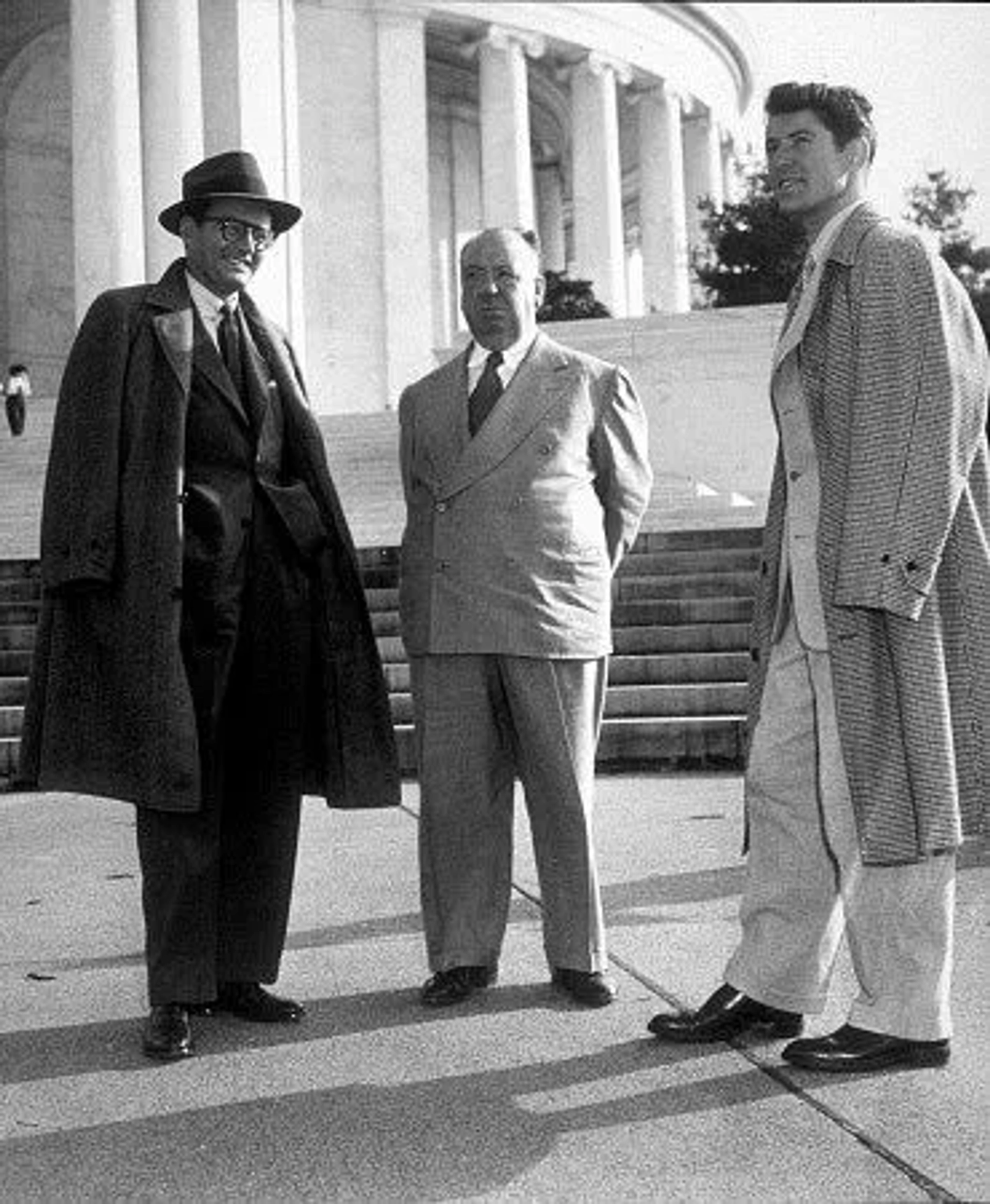 "Strangers On A Train," Director Alfred Hitchcock with Farley Granger & Robert Walker. 1951 Warner