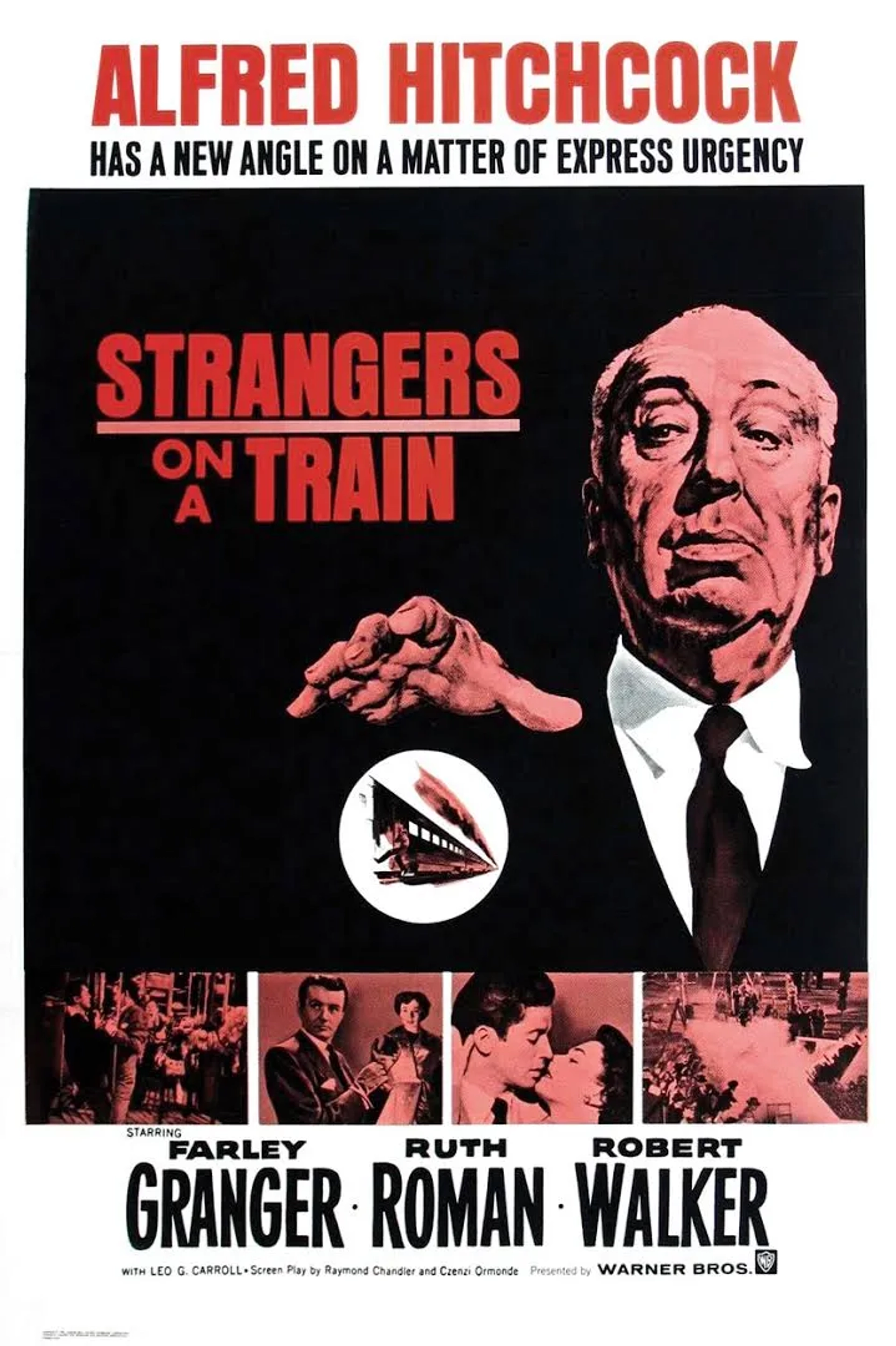 Alfred Hitchcock, Farley Granger, Ruth Roman, and Robert Walker in Strangers on a Train (1951)