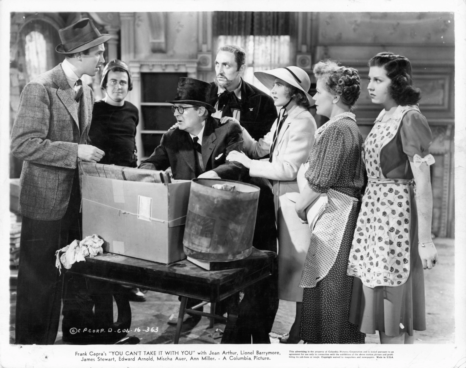 James Stewart, Jean Arthur, Lionel Barrymore, Spring Byington, Mischa Auer, Ann Miller, and Dub Taylor in You Can't Take It with You (1938)