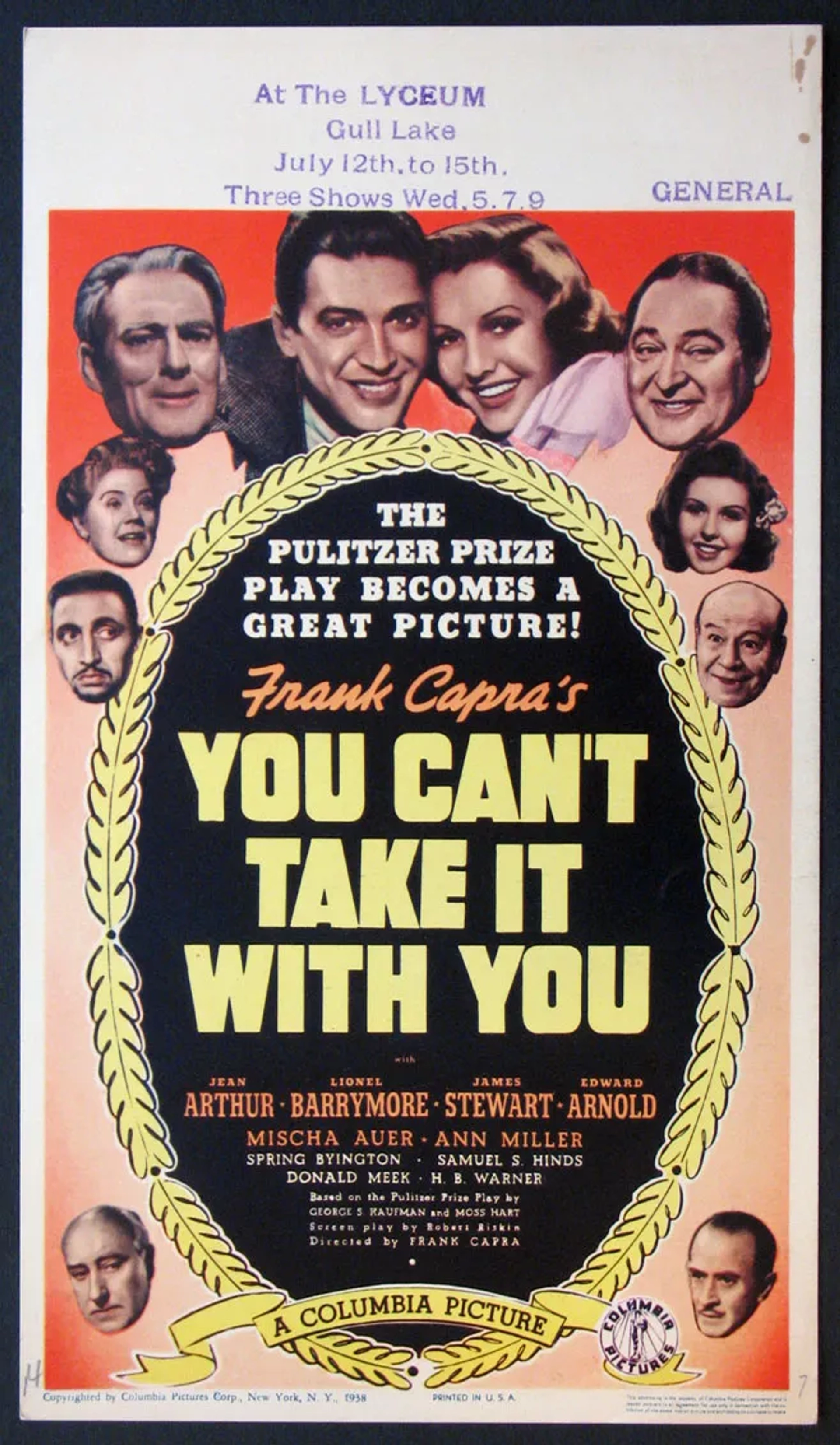 James Stewart, Jean Arthur, Lionel Barrymore, Spring Byington, Edward Arnold, Mischa Auer, Samuel S. Hinds, Donald Meek, Ann Miller, and H.B. Warner in You Can't Take It with You (1938)