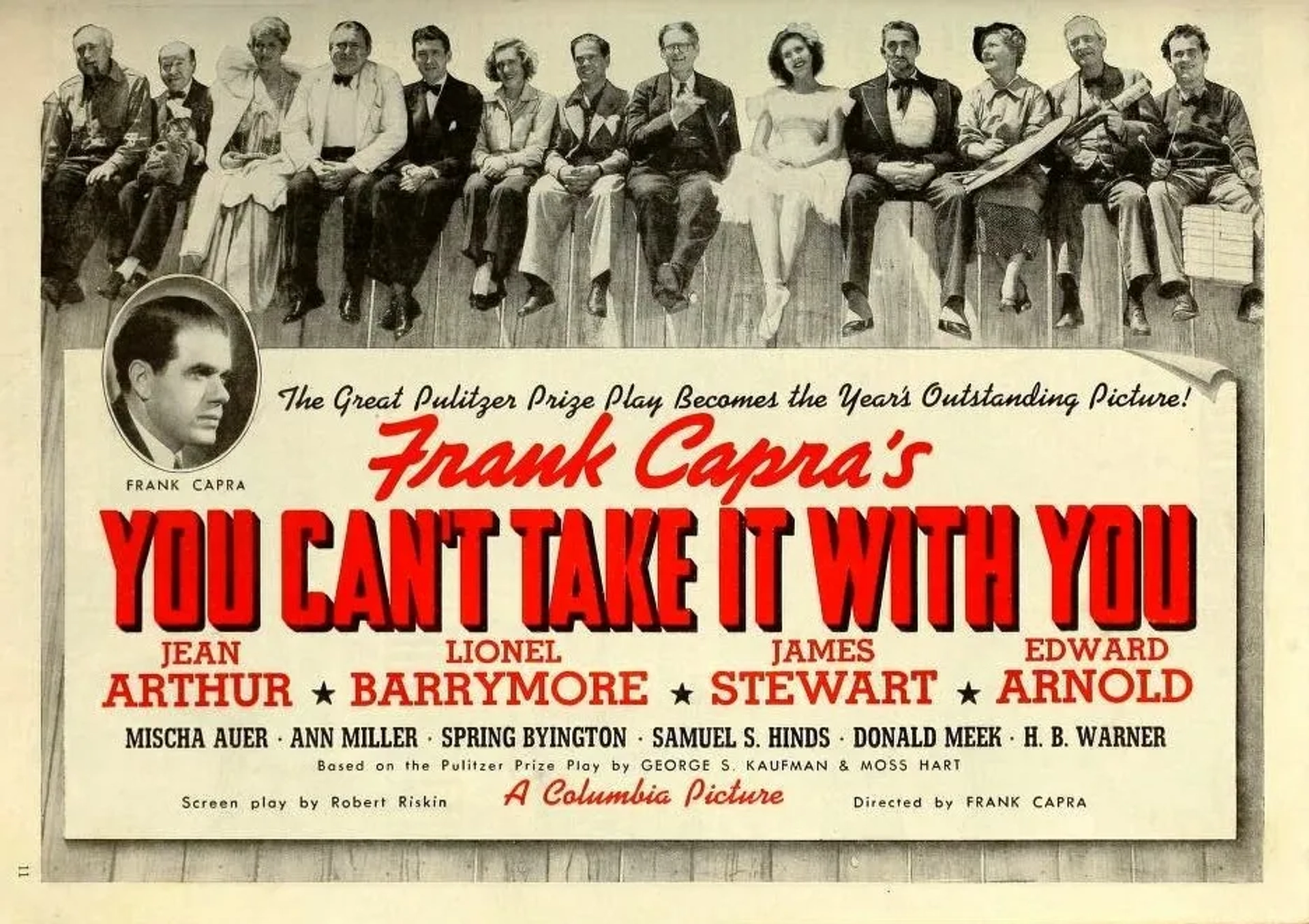 James Stewart, Jean Arthur, Lionel Barrymore, Spring Byington, Eddie 'Rochester' Anderson, Edward Arnold, Mischa Auer, Mary Forbes, Samuel S. Hinds, Halliwell Hobbes, Donald Meek, Ann Miller, Dub Taylor, H.B. Warner, and Lillian Yarbo in You Can't Take It with You (1938)