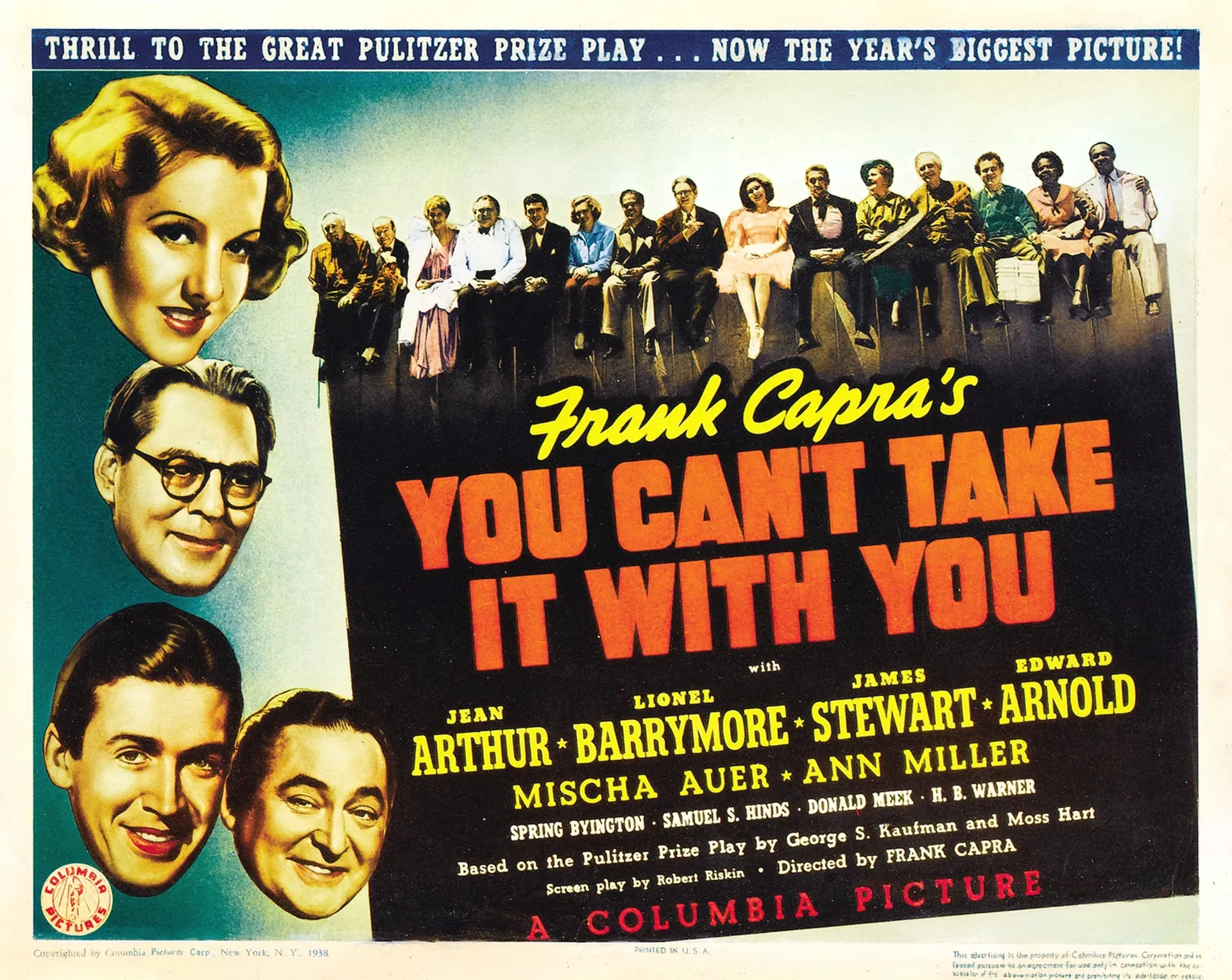 James Stewart, Jean Arthur, Lionel Barrymore, Spring Byington, Eddie 'Rochester' Anderson, Edward Arnold, Mischa Auer, Mary Forbes, Samuel S. Hinds, Halliwell Hobbes, Donald Meek, Ann Miller, Dub Taylor, H.B. Warner, and Lillian Yarbo in You Can't Take It with You (1938)