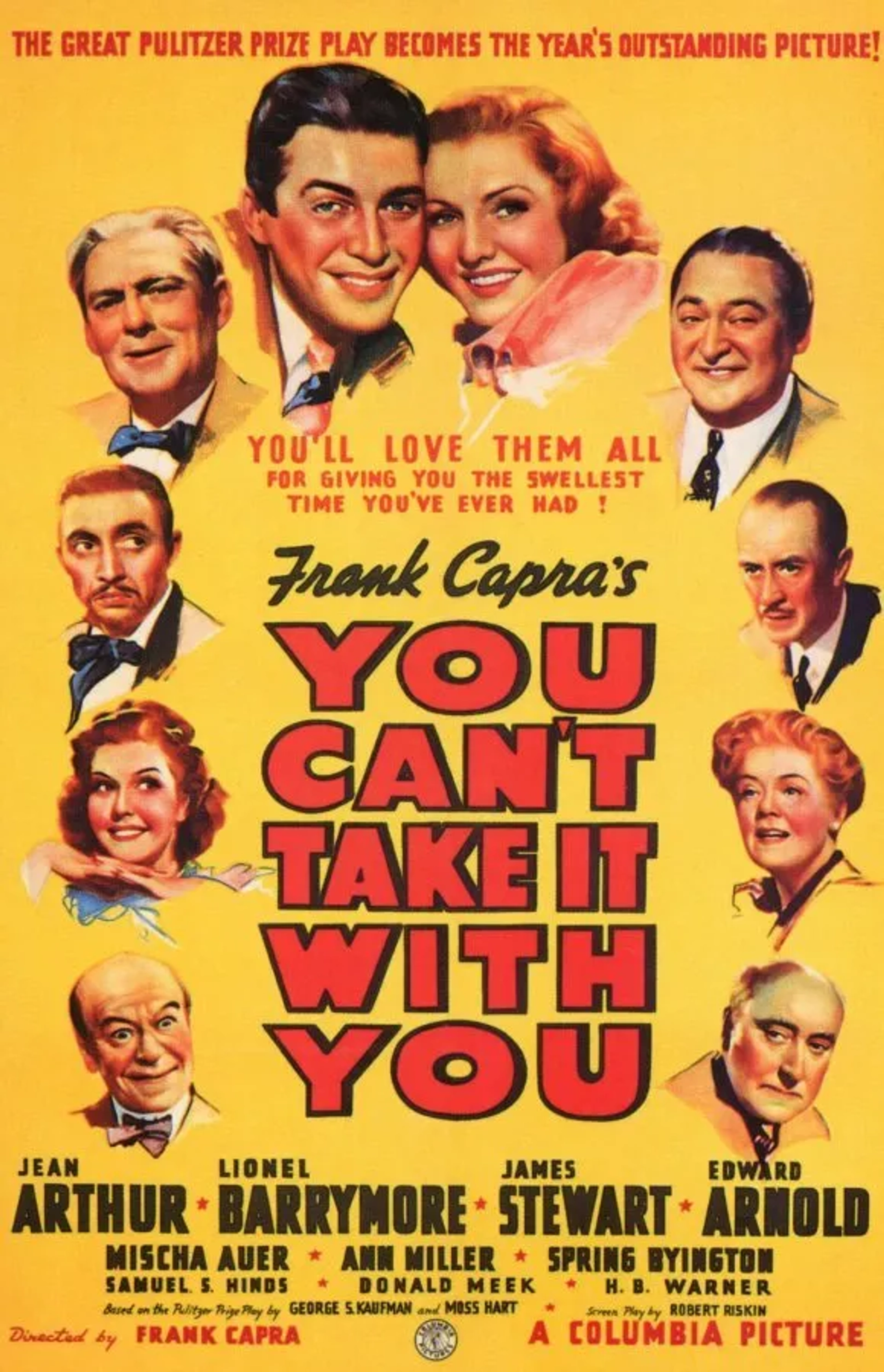 James Stewart, Jean Arthur, Lionel Barrymore, Spring Byington, Edward Arnold, Mischa Auer, Samuel S. Hinds, Donald Meek, Ann Miller, and H.B. Warner in You Can't Take It with You (1938)