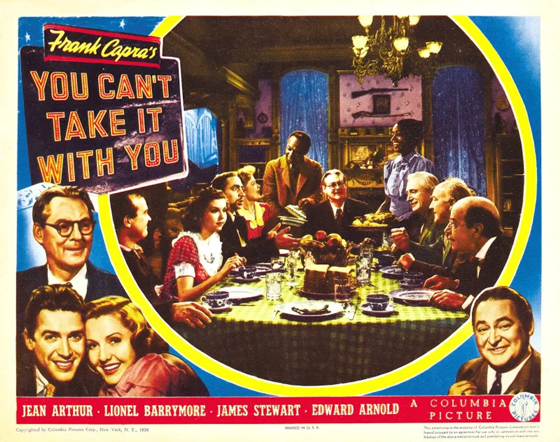 James Stewart, Jean Arthur, Lionel Barrymore, Spring Byington, Eddie 'Rochester' Anderson, Edward Arnold, Mischa Auer, Samuel S. Hinds, Donald Meek, Ann Miller, Dub Taylor, and Lillian Yarbo in You Can't Take It with You (1938)