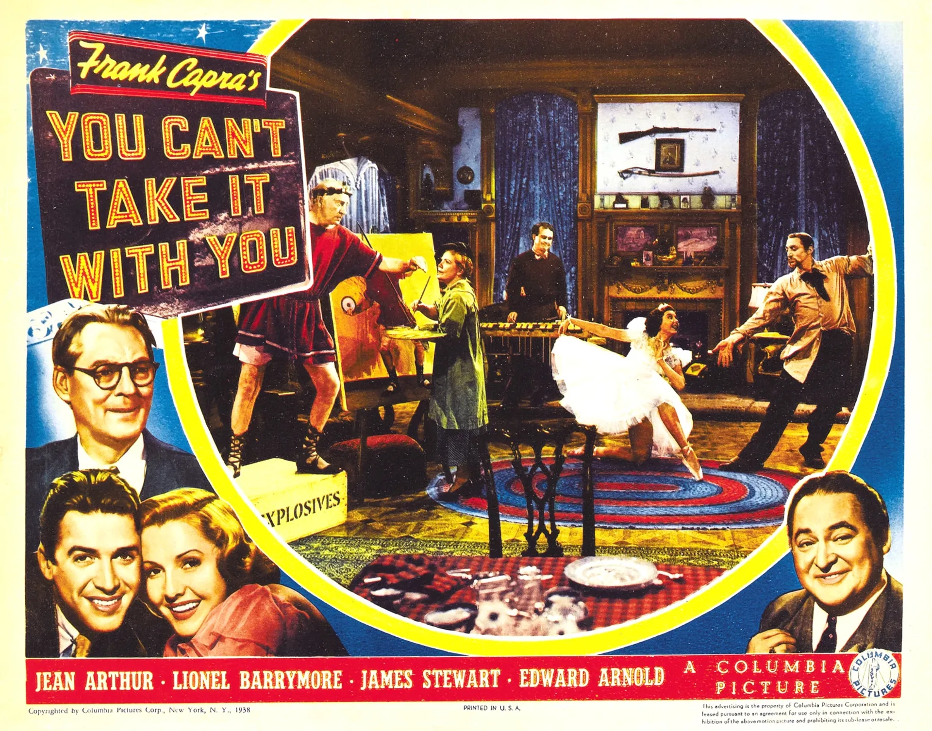 James Stewart, Jean Arthur, Lionel Barrymore, Spring Byington, Edward Arnold, Mischa Auer, Samuel S. Hinds, Ann Miller, and Dub Taylor in You Can't Take It with You (1938)