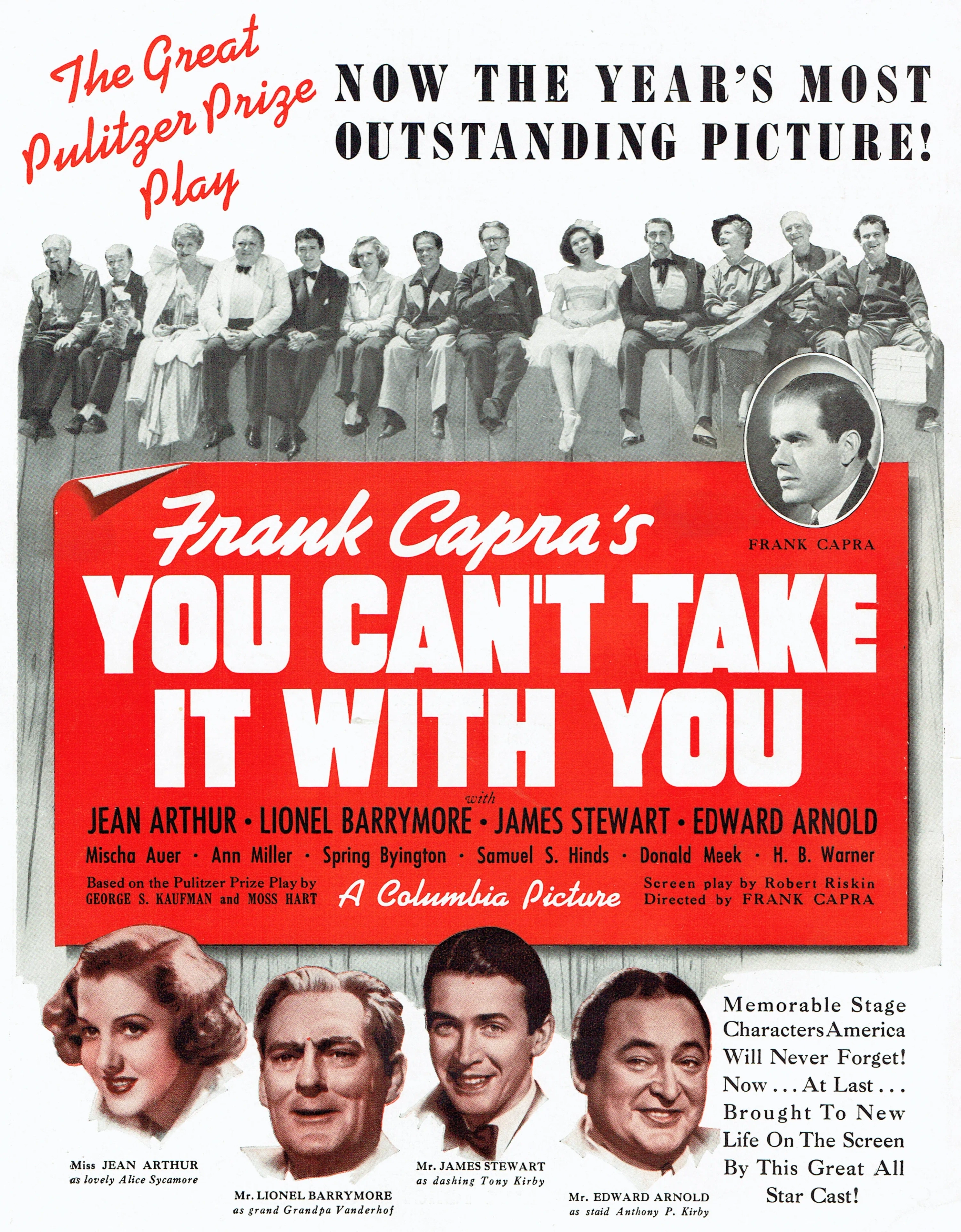 James Stewart, Jean Arthur, Lionel Barrymore, Frank Capra, Spring Byington, Edward Arnold, Mischa Auer, Mary Forbes, Samuel S. Hinds, Halliwell Hobbes, Donald Meek, Ann Miller, and Dub Taylor in You Can't Take It with You (1938)