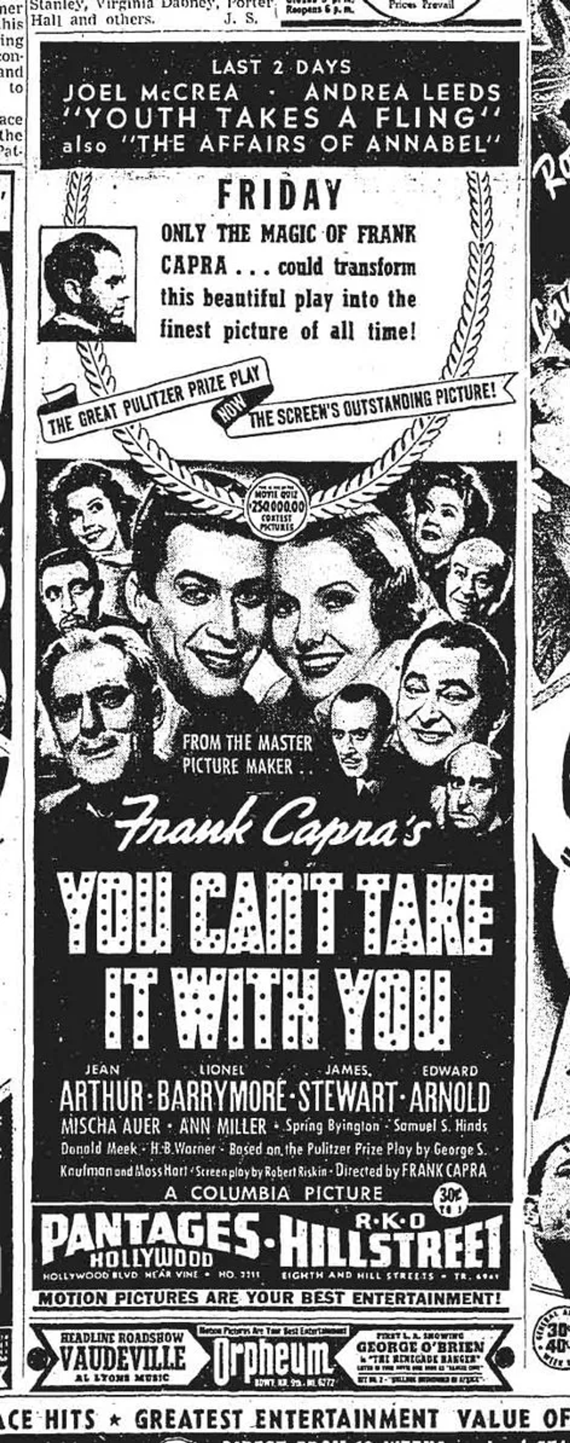 James Stewart, Jean Arthur, Lionel Barrymore, Spring Byington, Edward Arnold, Mischa Auer, Samuel S. Hinds, Donald Meek, Ann Miller, and Dub Taylor in You Can't Take It with You (1938)