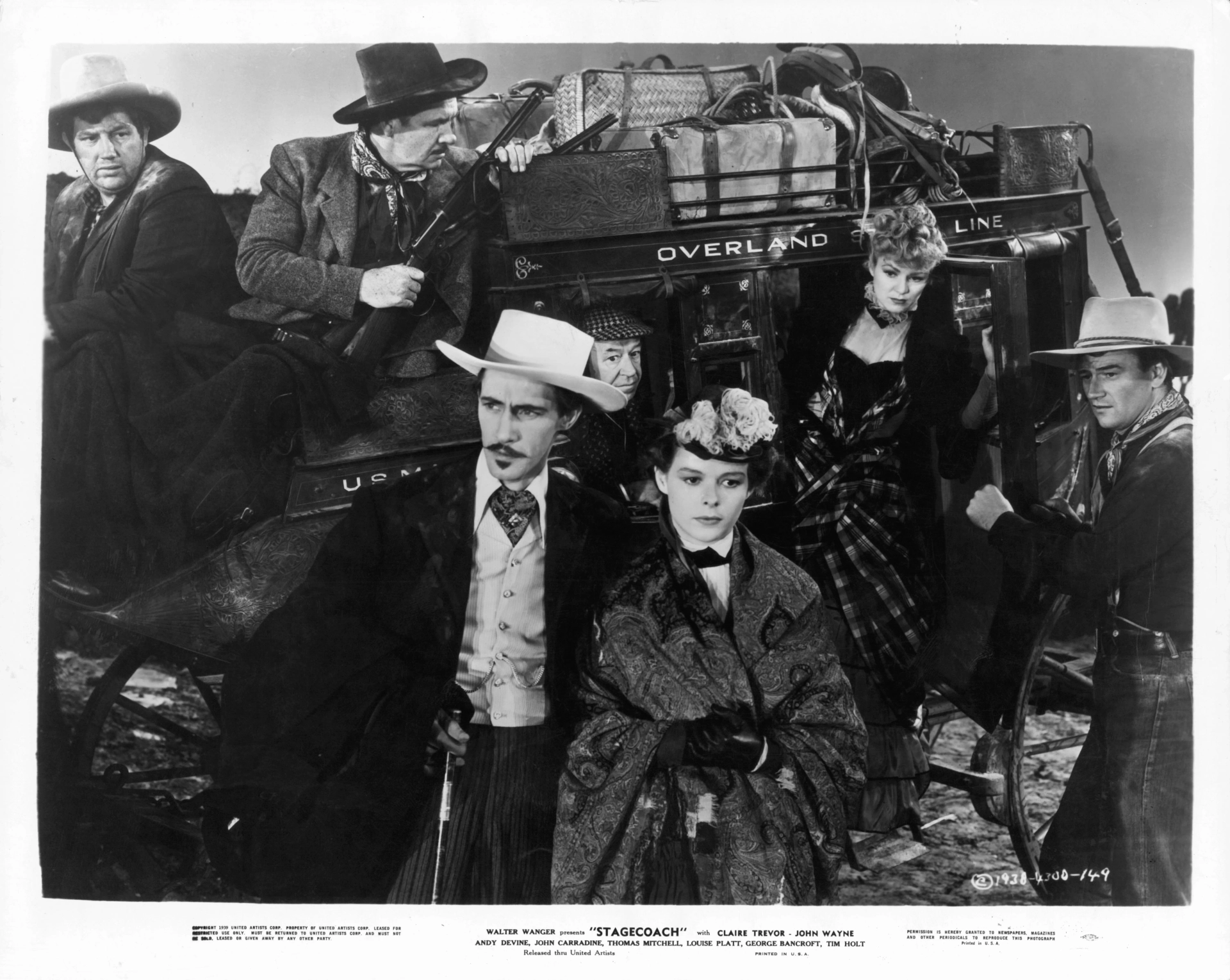 John Wayne, John Carradine, George Bancroft, Andy Devine, Donald Meek, Louise Platt, and Claire Trevor in Stagecoach (1939)