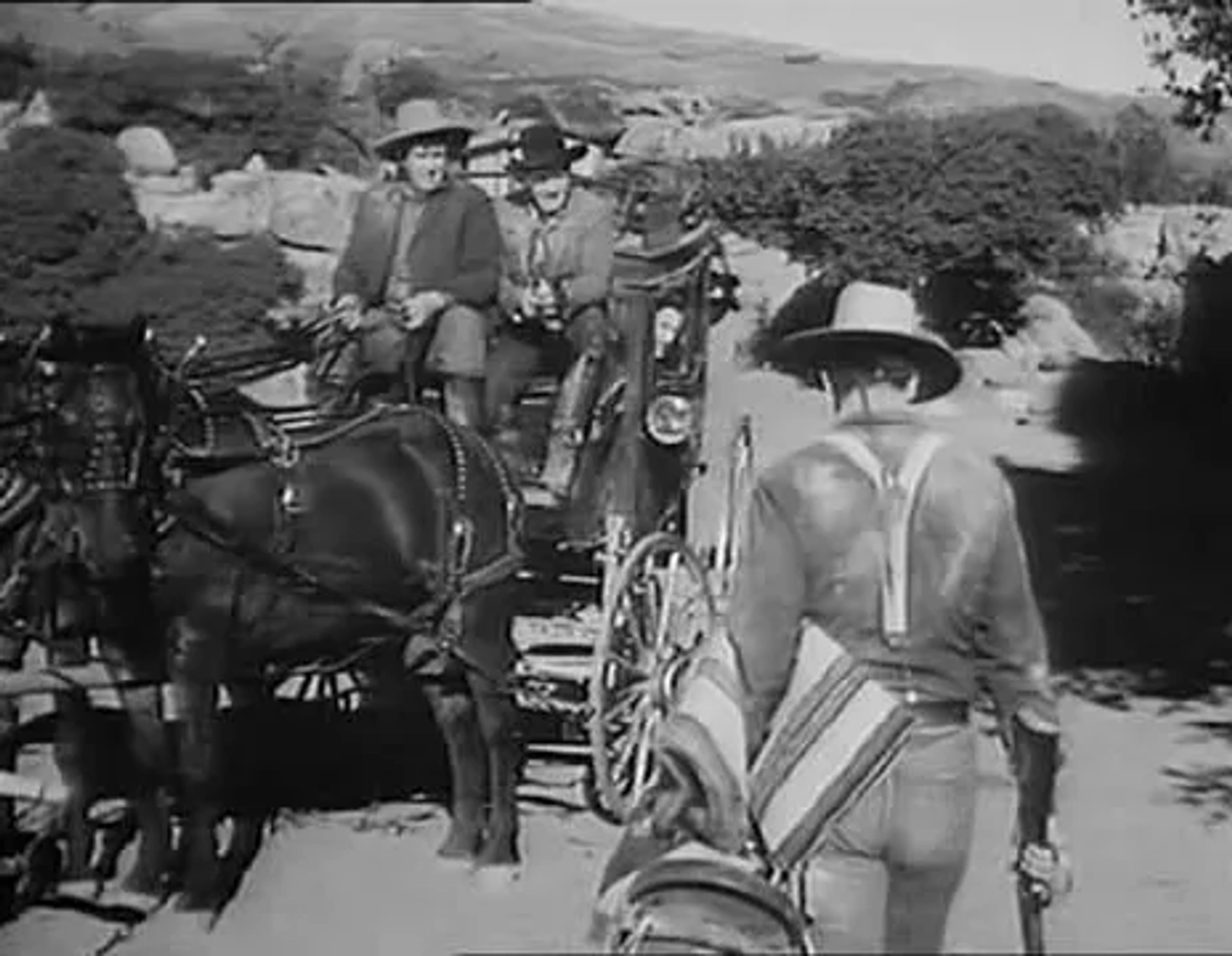 John Wayne, John Carradine, George Bancroft, and Andy Devine in Stagecoach (1939)