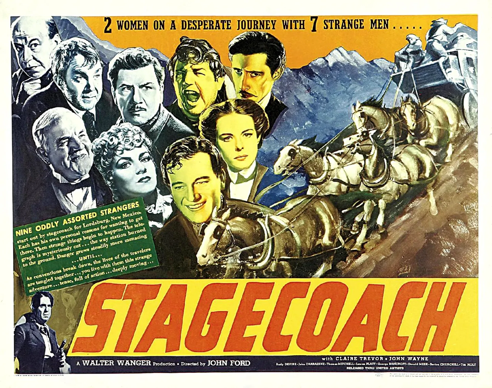 John Wayne, John Carradine, George Bancroft, Berton Churchill, Andy Devine, Donald Meek, Thomas Mitchell, Louise Platt, and Claire Trevor in Stagecoach (1939)