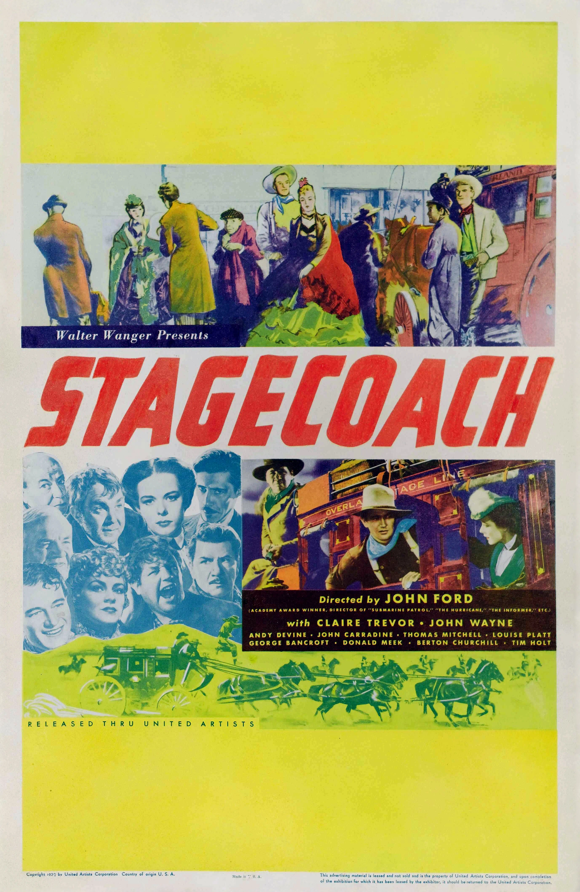 John Wayne, John Carradine, George Bancroft, Berton Churchill, Andy Devine, Donald Meek, Thomas Mitchell, Louise Platt, and Claire Trevor in Stagecoach (1939)