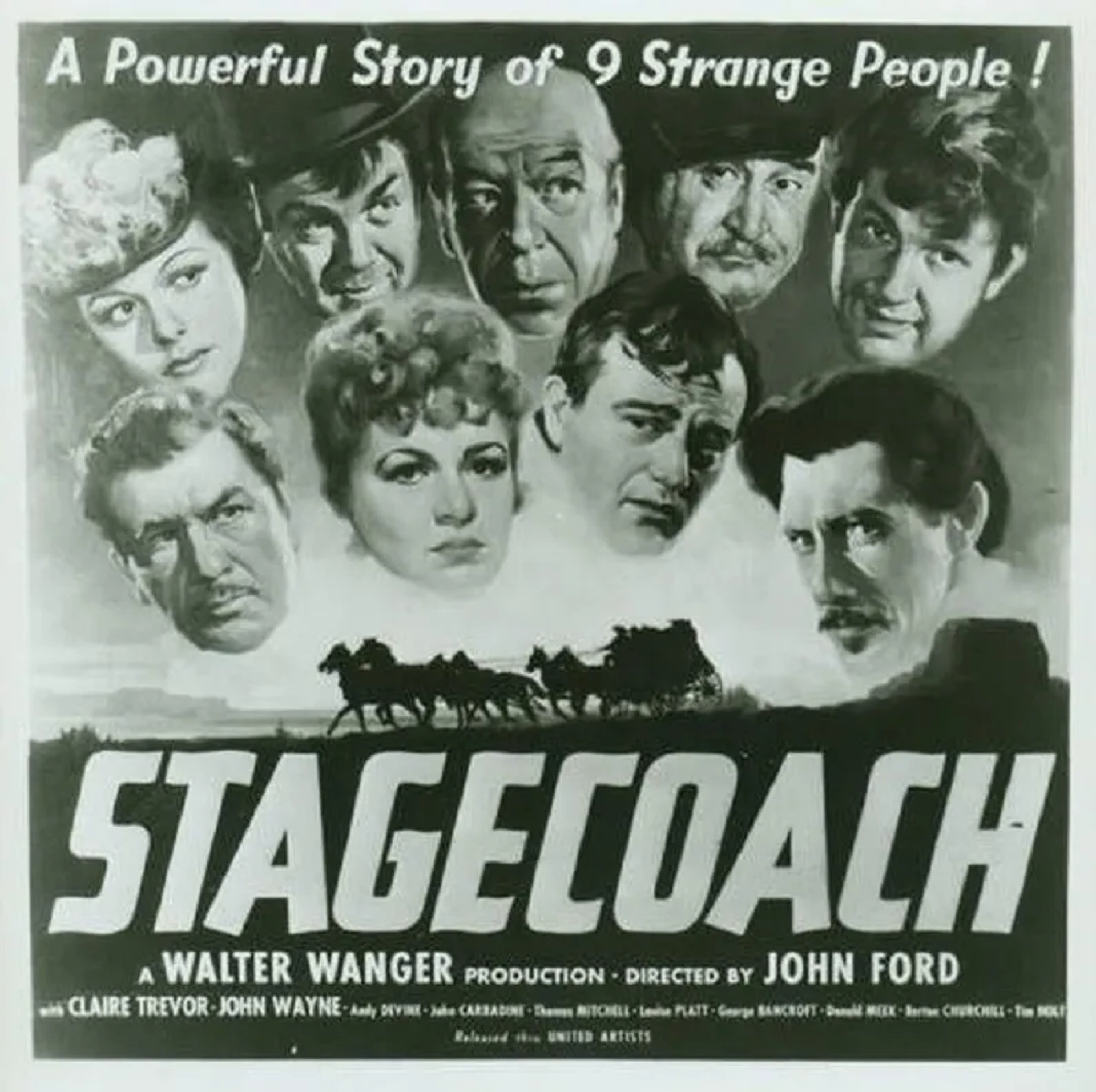 John Wayne, John Carradine, George Bancroft, Berton Churchill, Andy Devine, Donald Meek, Thomas Mitchell, Louise Platt, and Claire Trevor in Stagecoach (1939)