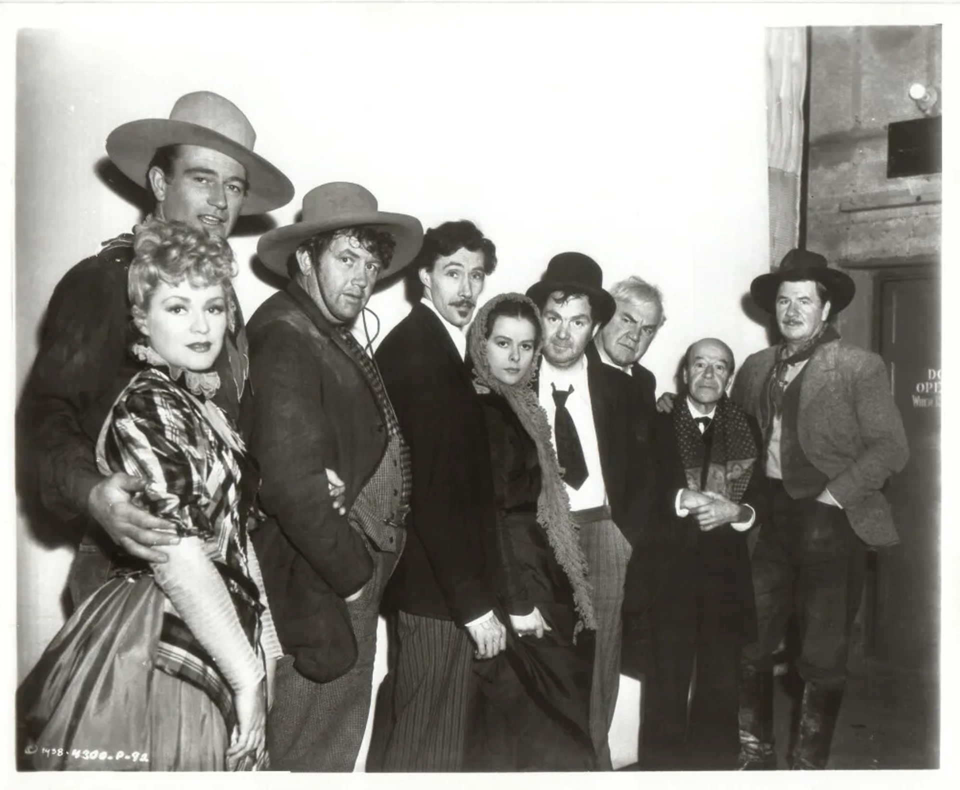 John Wayne, John Carradine, George Bancroft, Berton Churchill, Andy Devine, Donald Meek, Thomas Mitchell, Louise Platt, and Claire Trevor in Stagecoach (1939)