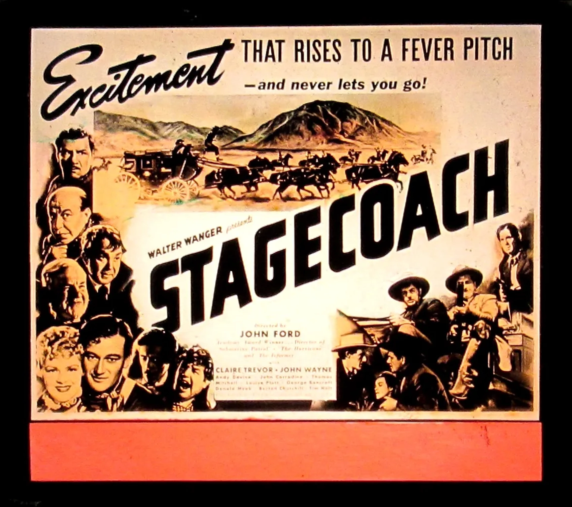 John Wayne, John Carradine, George Bancroft, Berton Churchill, Andy Devine, Donald Meek, Thomas Mitchell, Louise Platt, and Claire Trevor in Stagecoach (1939)