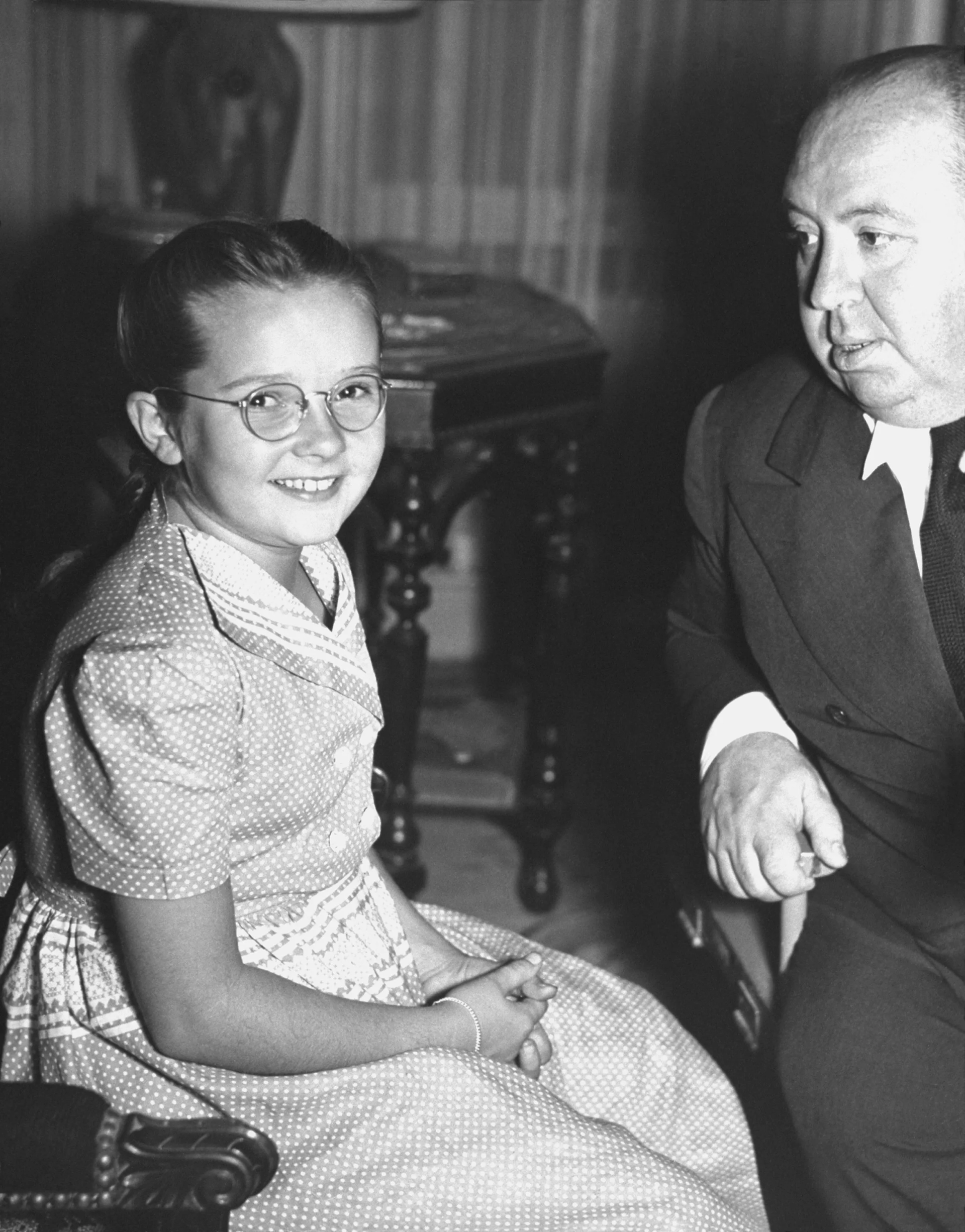 Alfred Hitchcock and Edna May Wonacott in Shadow of a Doubt (1943)