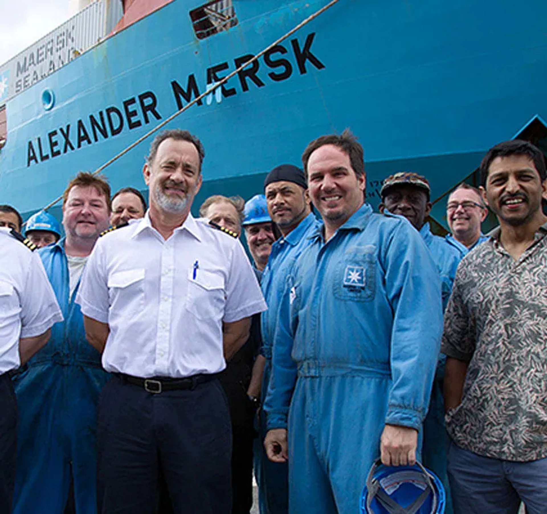 Tom Hanks, Corey Johnson, Mark Holden, Louis Mahoney, Chris Mulkey, David Warshofsky, Vincenzo Nicoli, Kapil Arun and Ian Ralph on the set of "Captain Phillips".