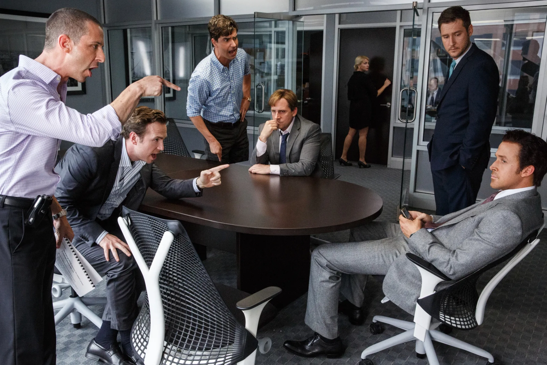 Steve Carell, Ryan Gosling, Hamish Linklater, Jeremy Strong, Rafe Spall, and Jeffry Griffin in The Big Short (2015)