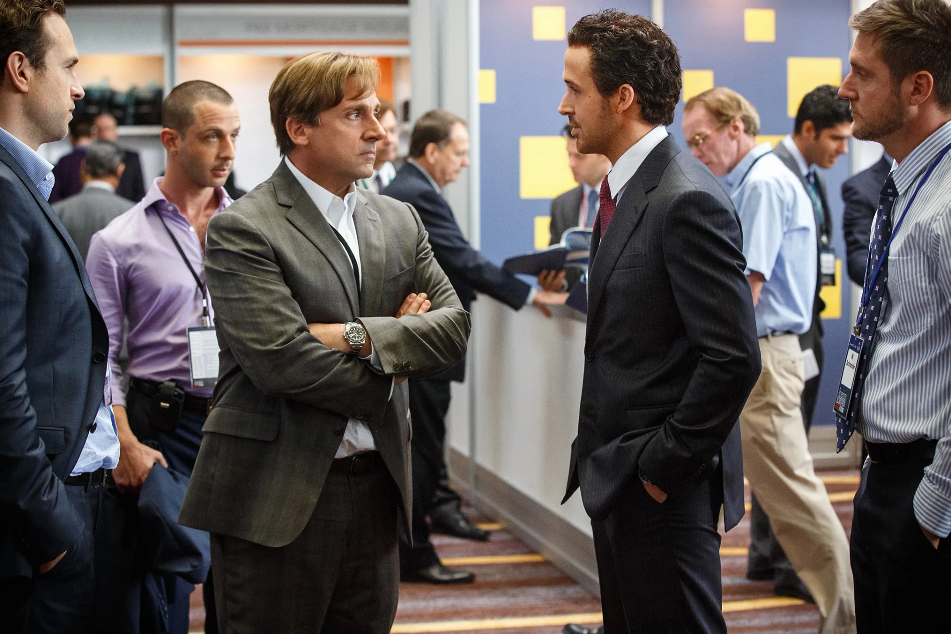 Steve Carell, Ryan Gosling, Jeremy Strong, Rafe Spall, and Jeffry Griffin in The Big Short (2015)