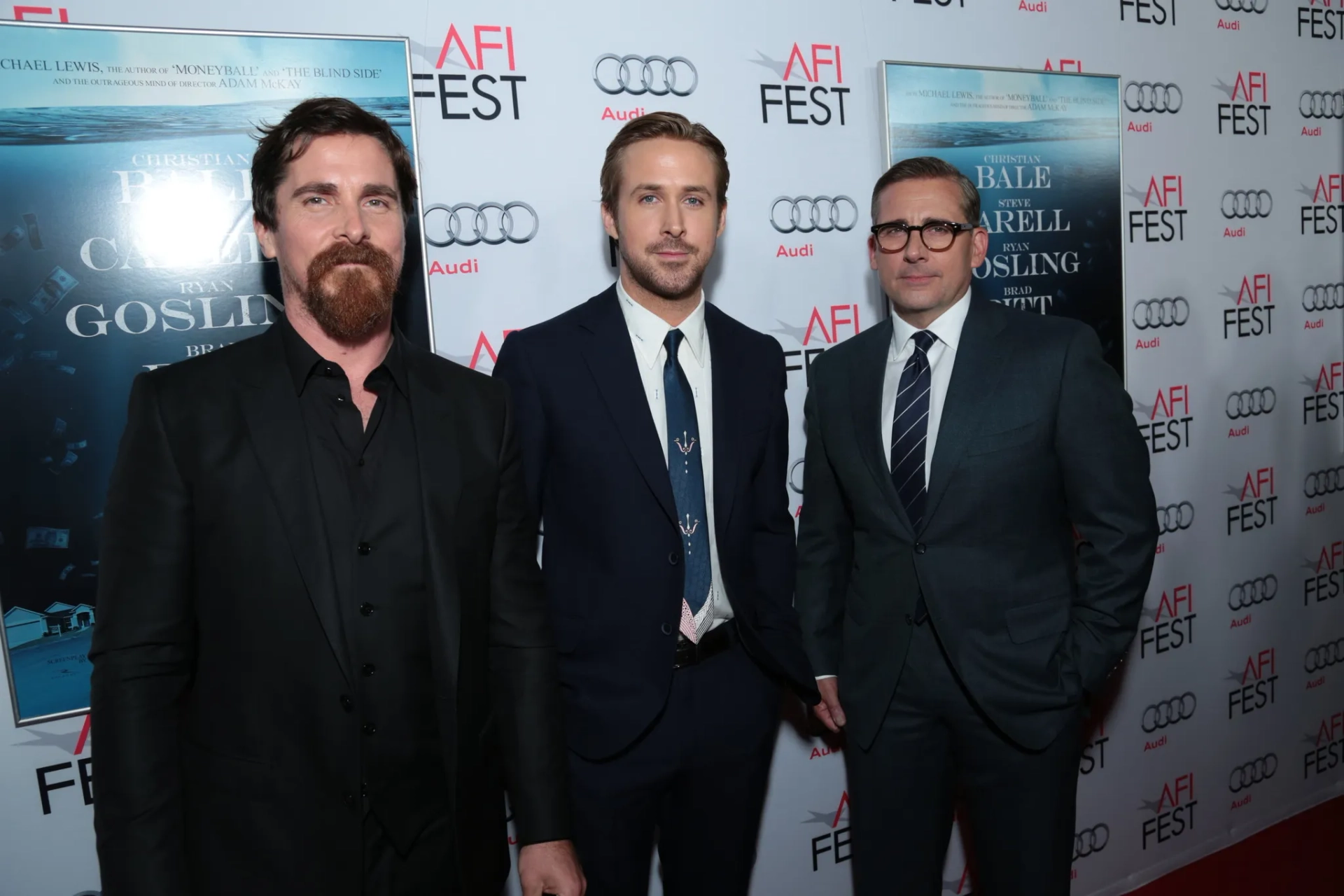 Christian Bale, Steve Carell, and Ryan Gosling at an event for The Big Short (2015)