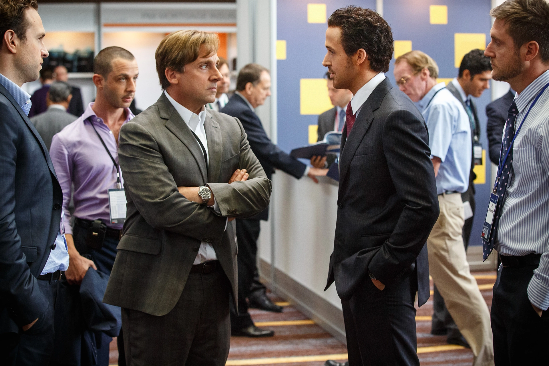 Steve Carell, Ryan Gosling, Jeremy Strong, and Rafe Spall in The Big Short (2015)