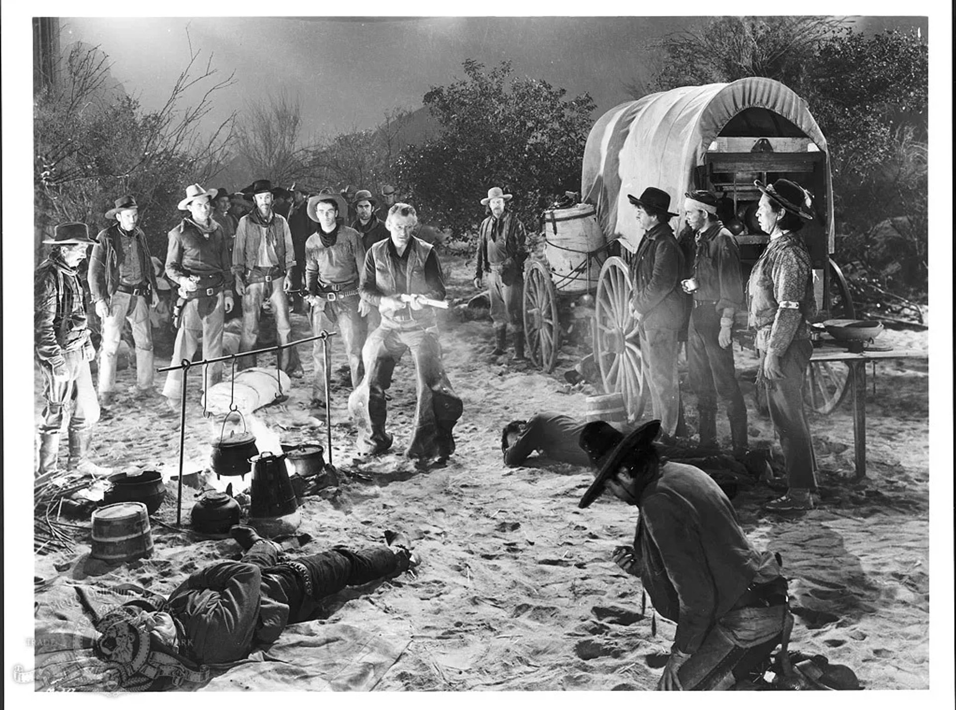 John Wayne, Noah Beery Jr., Montgomery Clift, Paul Fix, Ray Hyke, John Ireland, William Self, Tom Tyler, Hal Taliaferro, Dan White, Hank Worden, and Chief Yowlachie in Red River (1948)