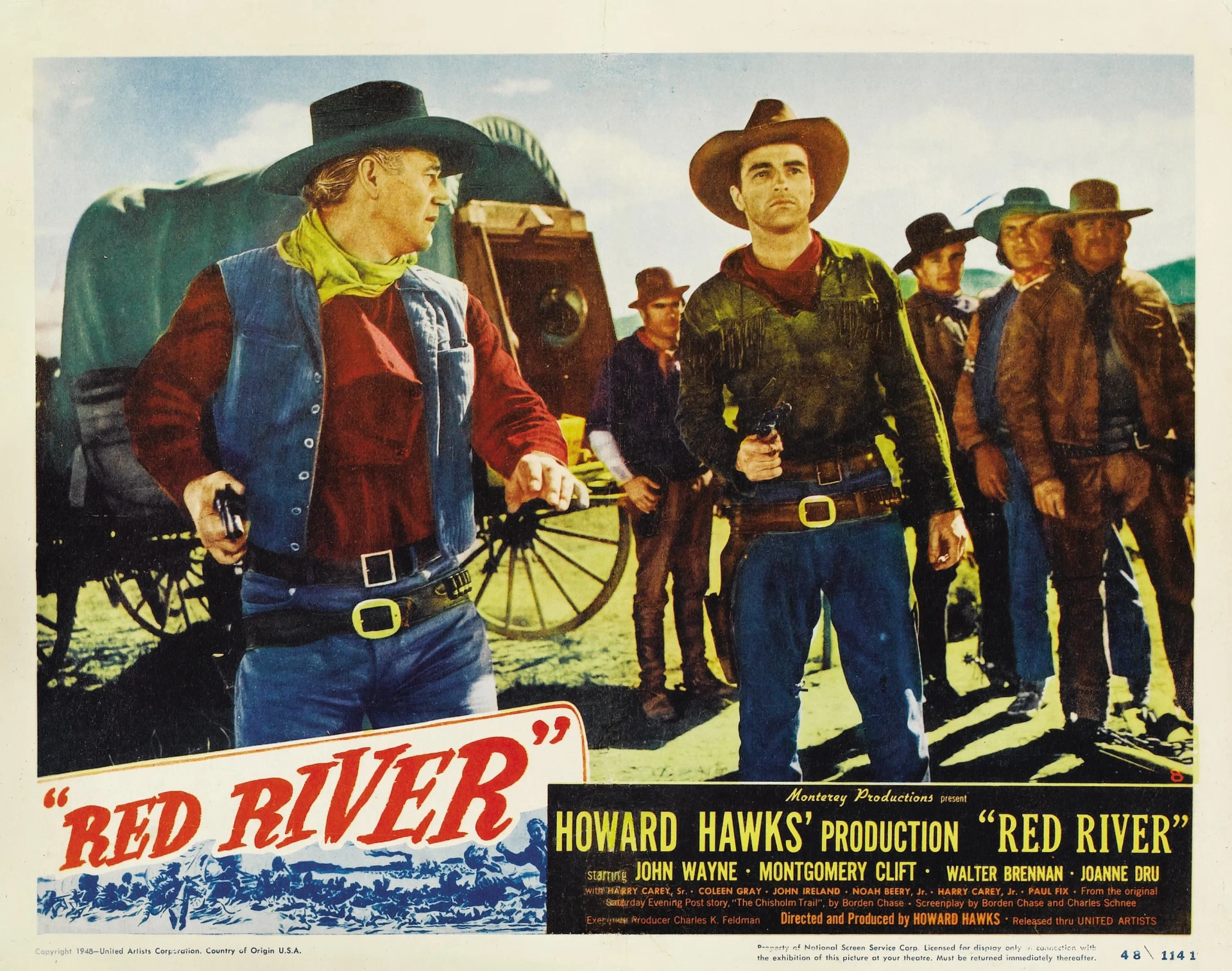 John Wayne, Noah Beery Jr., Montgomery Clift, Ray Hyke, Hal Taliaferro, and Chief Yowlachie in Red River (1948)