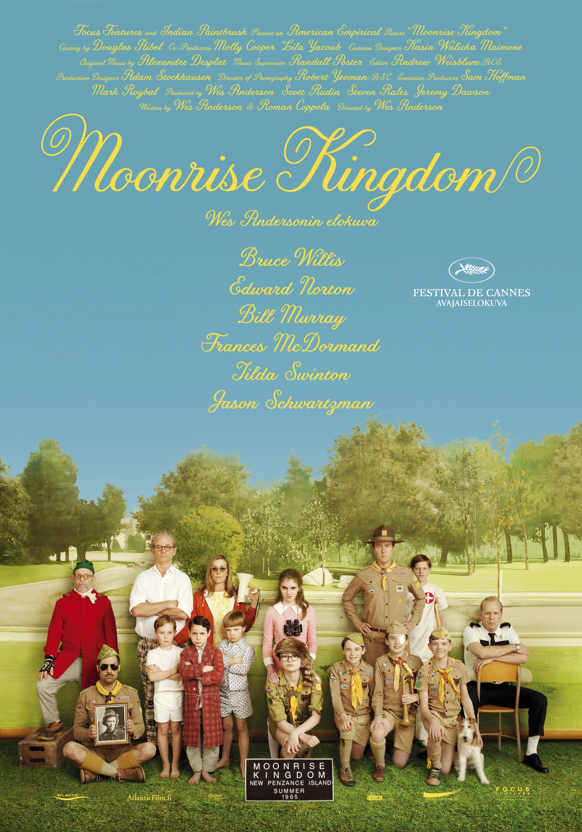 Bill Murray, Bruce Willis, Frances McDormand, Bob Balaban, Edward Norton, Jason Schwartzman, Tilda Swinton, Lucas Hedges, Charlie Kilgore, Jared Gilman, and Kara Hayward in Moonrise Kingdom (2012)