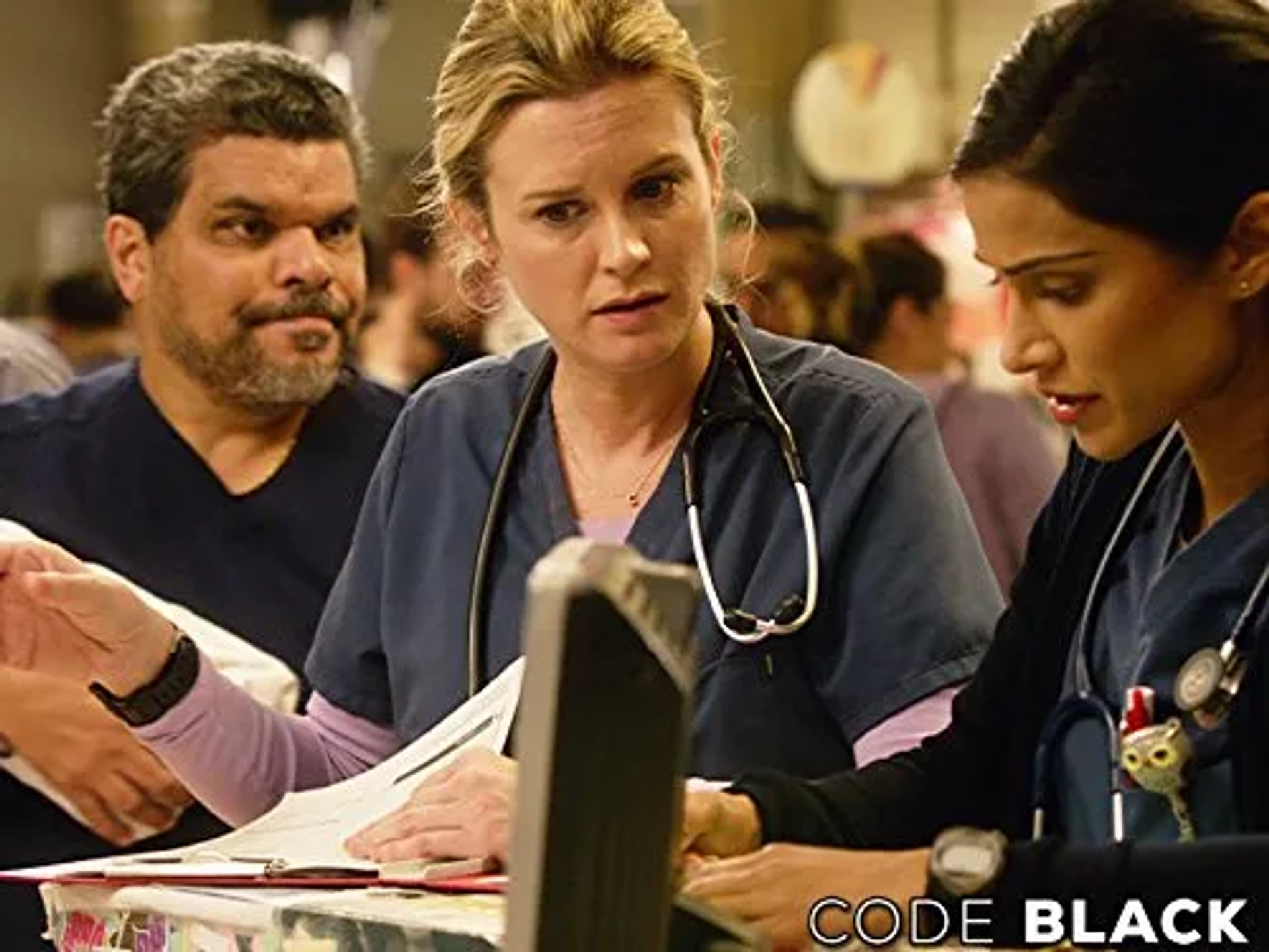 Luis Guzmán, Bonnie Somerville, and Melanie Chandra in Code Black (2015)