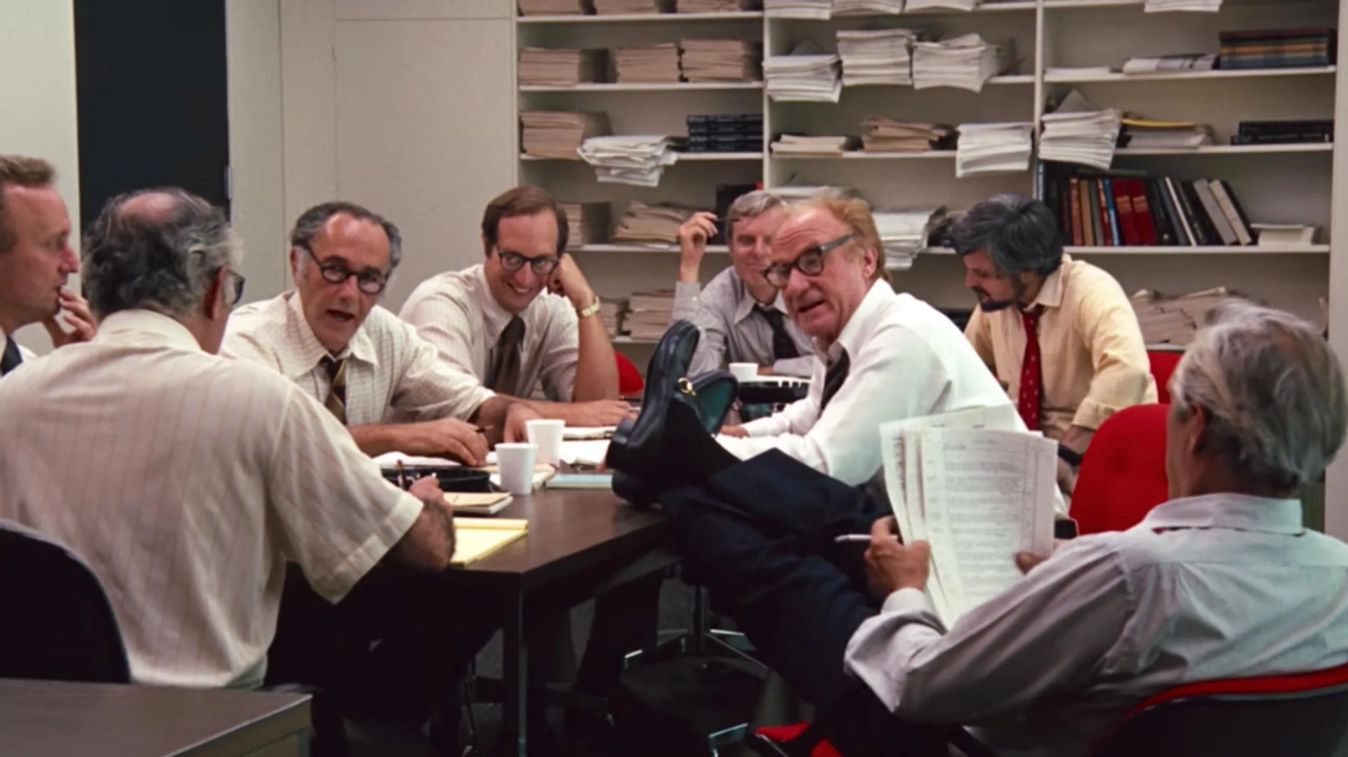 Martin Balsam, Jason Robards, Basil Hoffman, Paul Lambert, John McMartin, and Jack Warden in All the President's Men (1976)