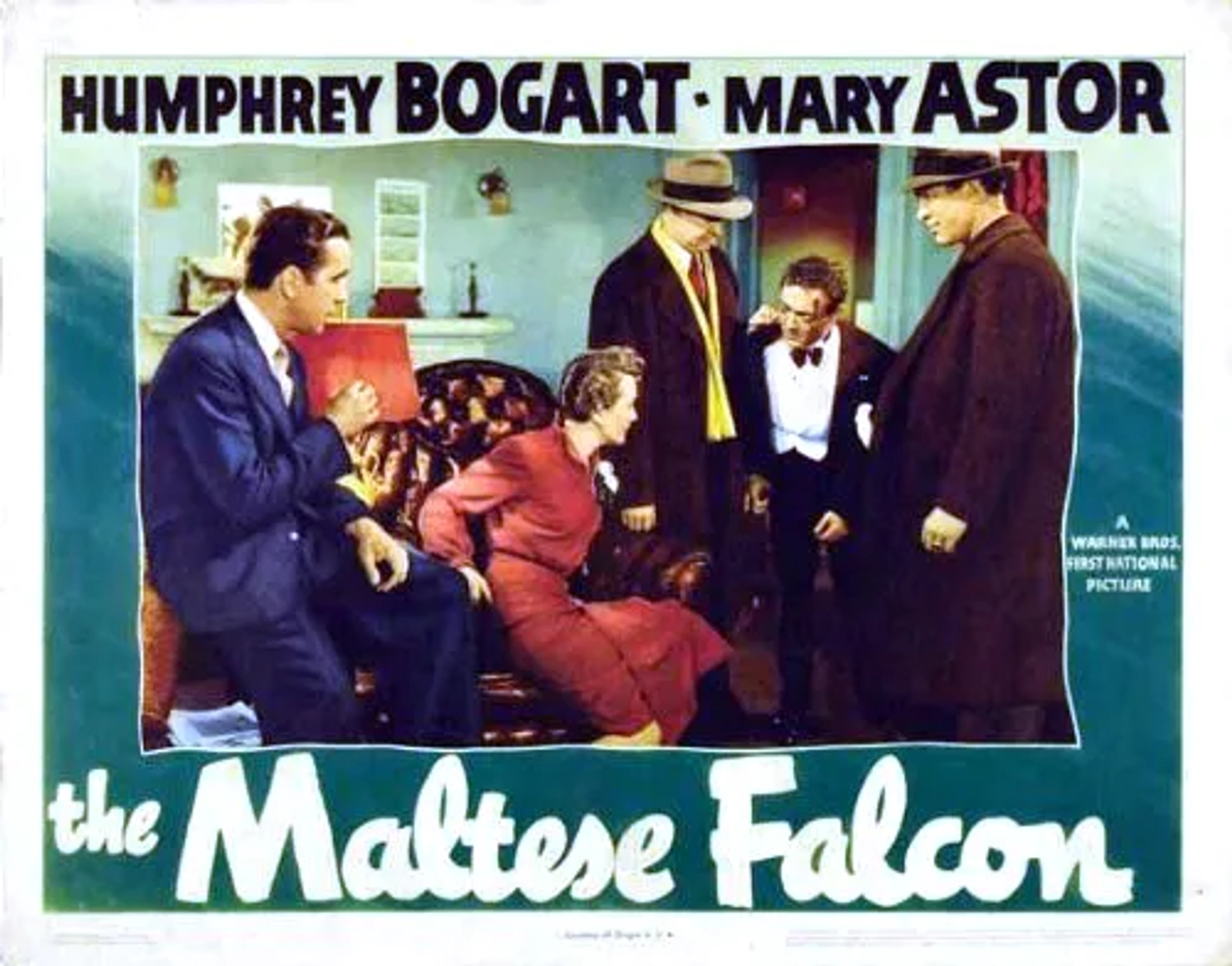 Humphrey Bogart, Peter Lorre, Mary Astor, Ward Bond, and Barton MacLane in The Maltese Falcon (1941)