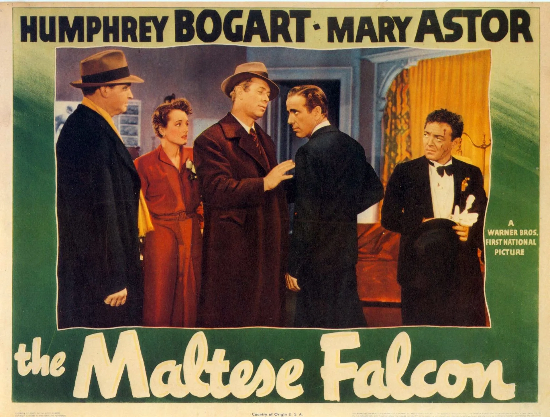 Humphrey Bogart, Peter Lorre, Mary Astor, Ward Bond, and Barton MacLane in The Maltese Falcon (1941)