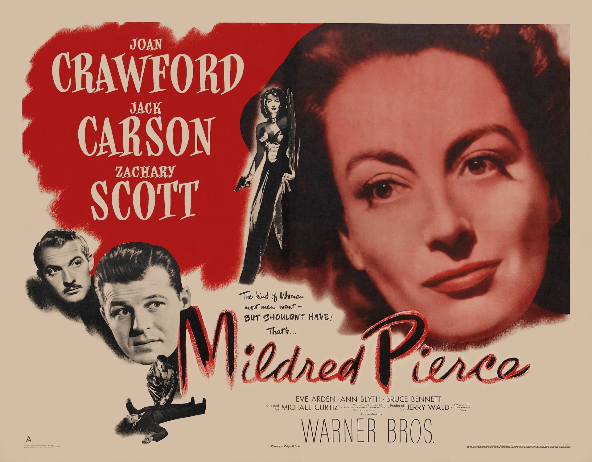 Joan Crawford, Jack Carson, and Zachary Scott in Mildred Pierce (1945)