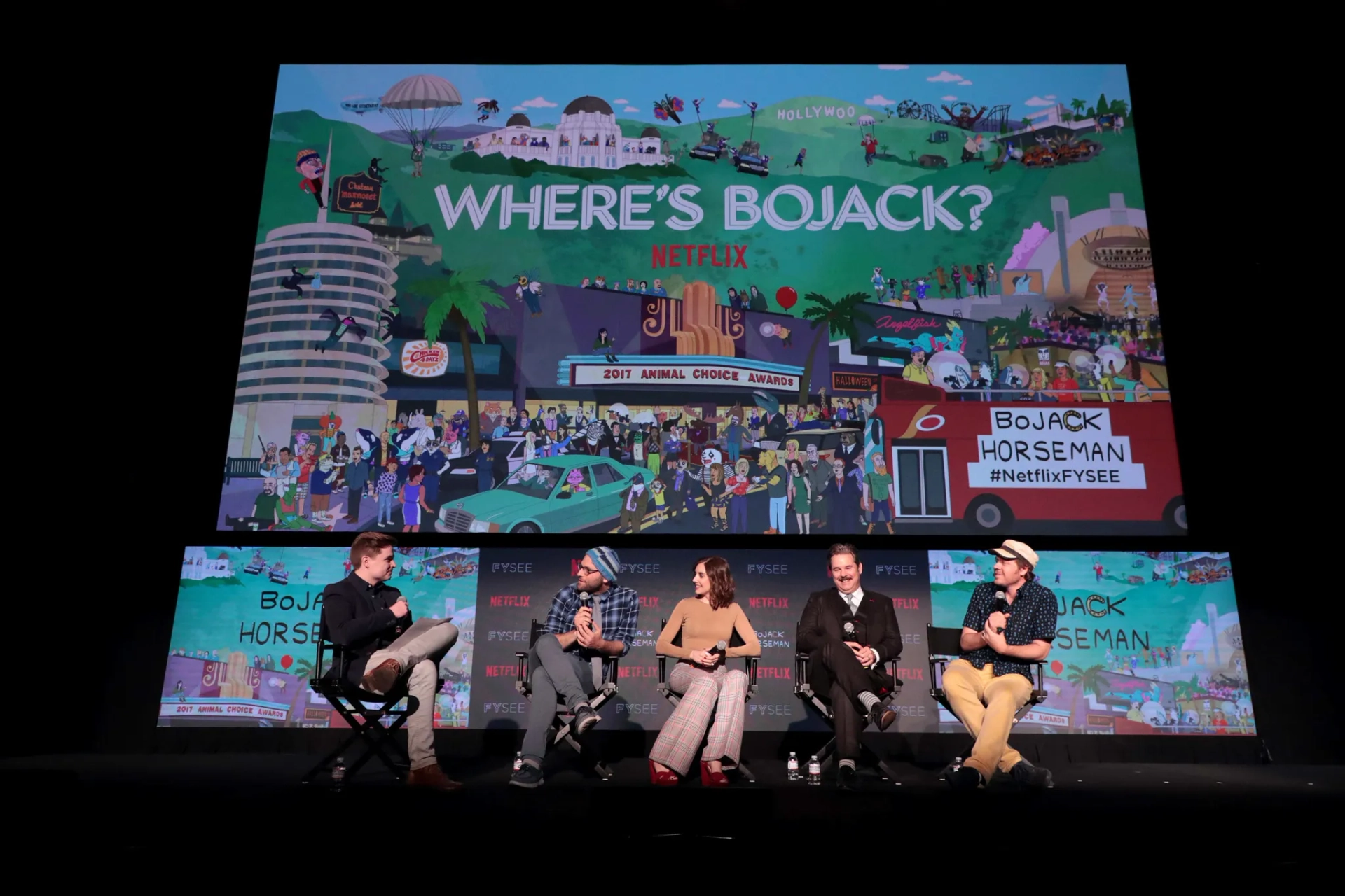 Paul F. Tompkins, Alison Brie, Mike Hollingsworth, Ben Travers, and Raphael Bob-Waksberg at an event for BoJack Horseman (2014)