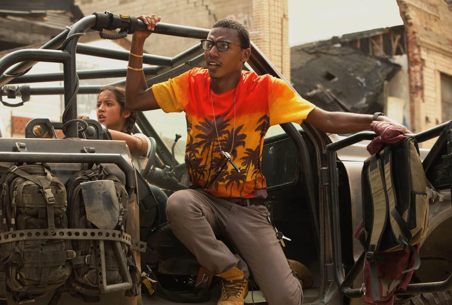 Jerrod Carmichael and Isabela Merced in Transformers: The Last Knight (2017)