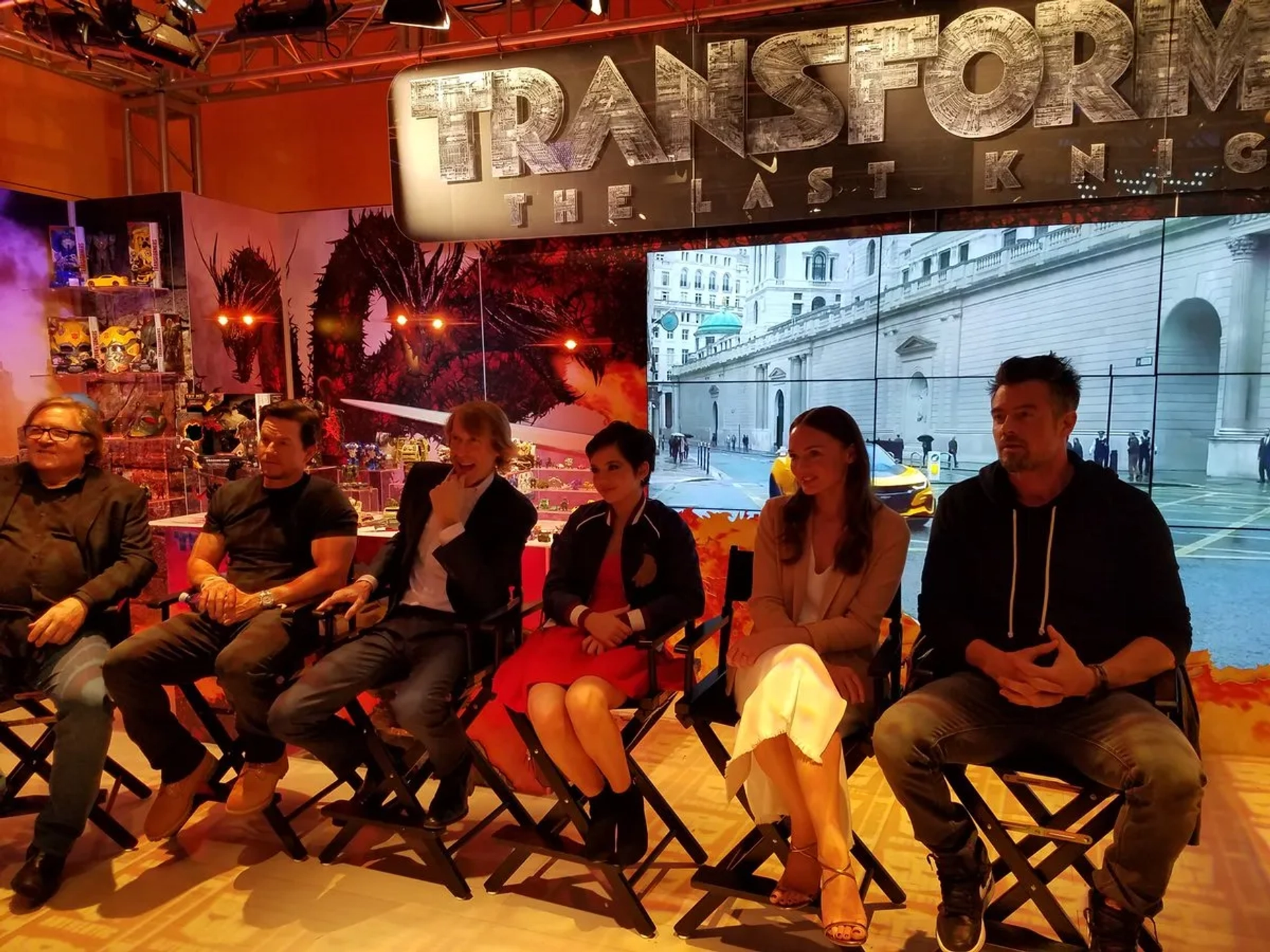 Mark Wahlberg, Michael Bay, Lorenzo di Bonaventura, Josh Duhamel, Laura Haddock, and Isabela Merced at an event for Transformers: The Last Knight (2017)