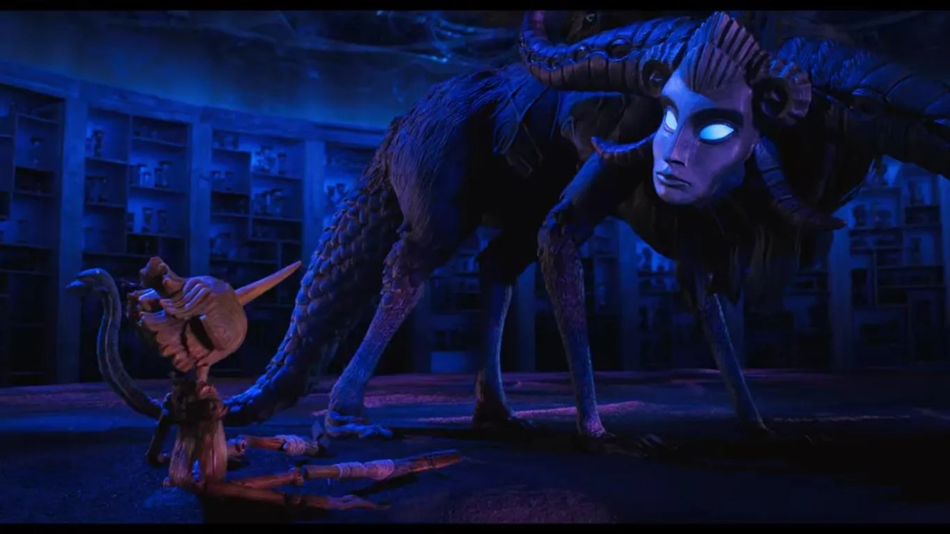 Tilda Swinton and Gregory Mann in Guillermo del Toro's Pinocchio (2022)