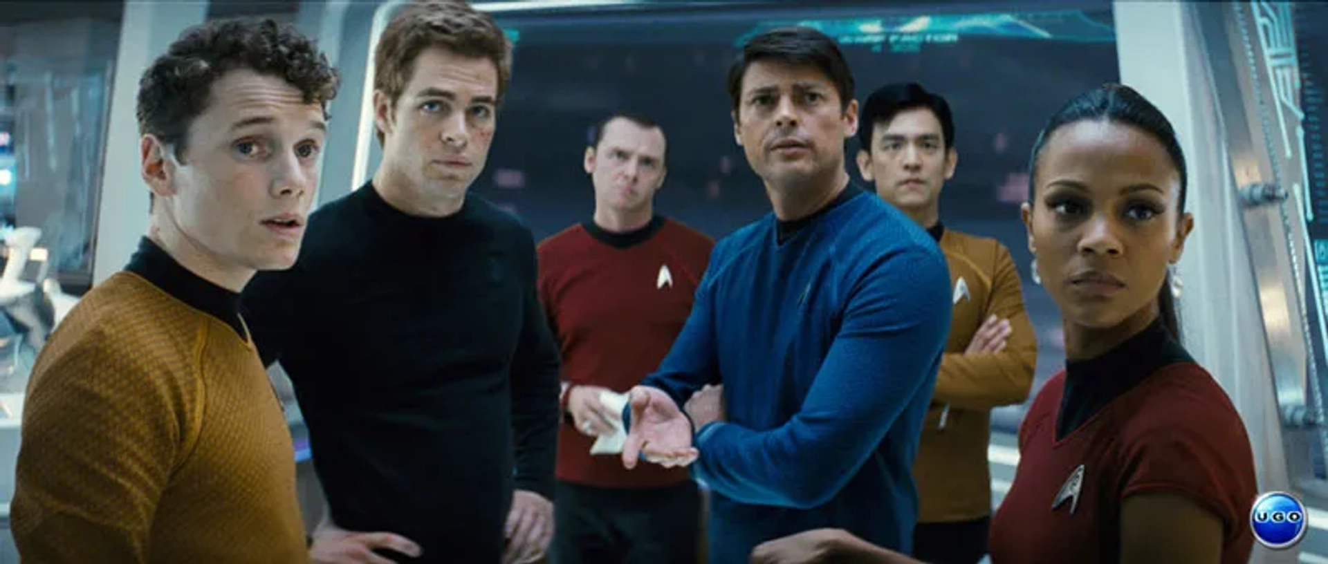 John Cho, Simon Pegg, Zoe Saldana, Karl Urban, Anton Yelchin, and Chris Pine in Star Trek (2009)