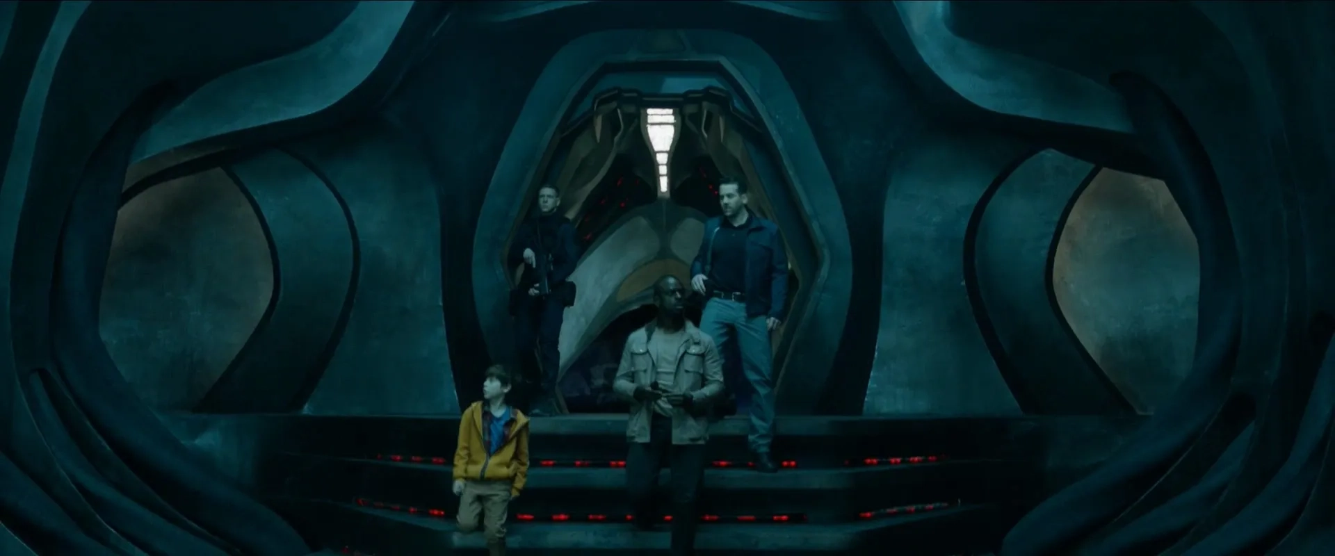 Sterling K. Brown, Niall Matter, and Jacob Tremblay in The Predator (2018)