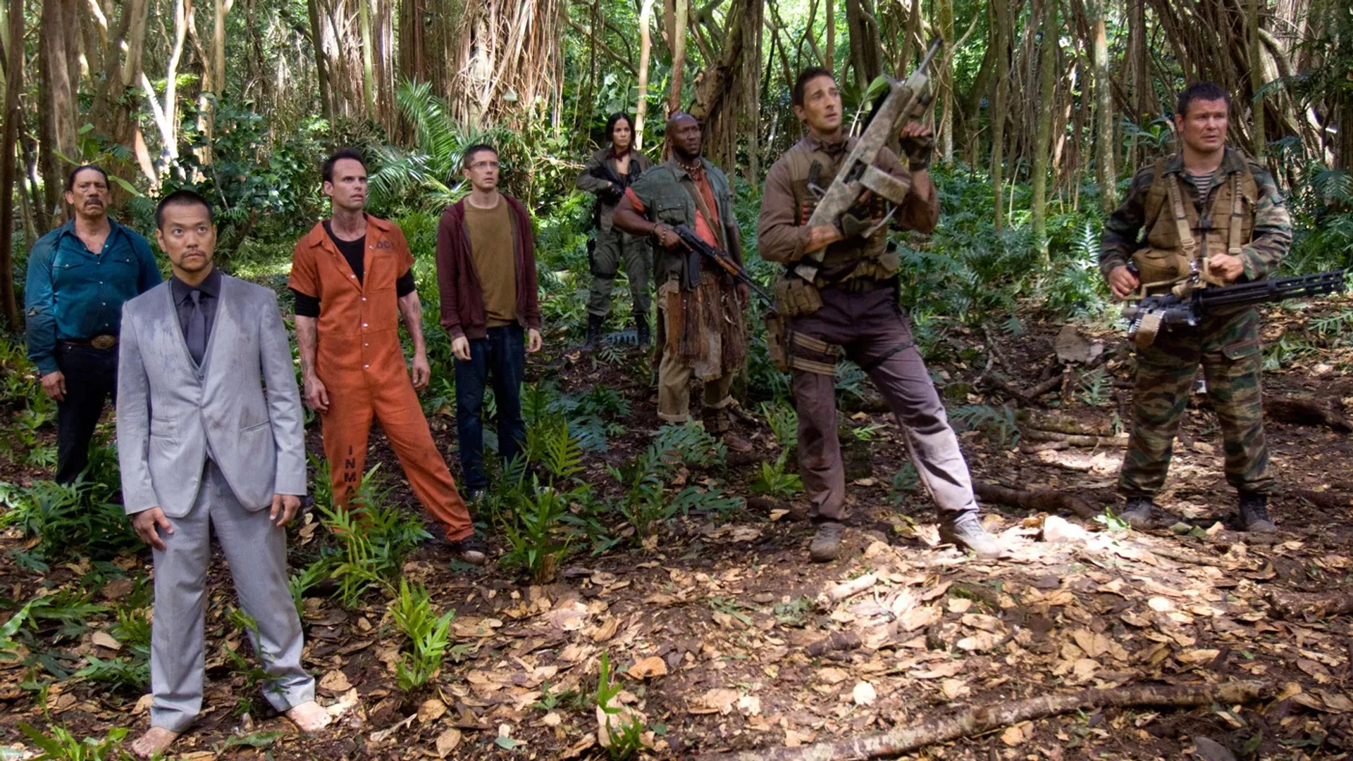 Danny Trejo, Adrien Brody, Alice Braga, Walton Goggins, Topher Grace, Oleg Taktarov, Mahershala Ali, and Louis Ozawa in Predators (2010)