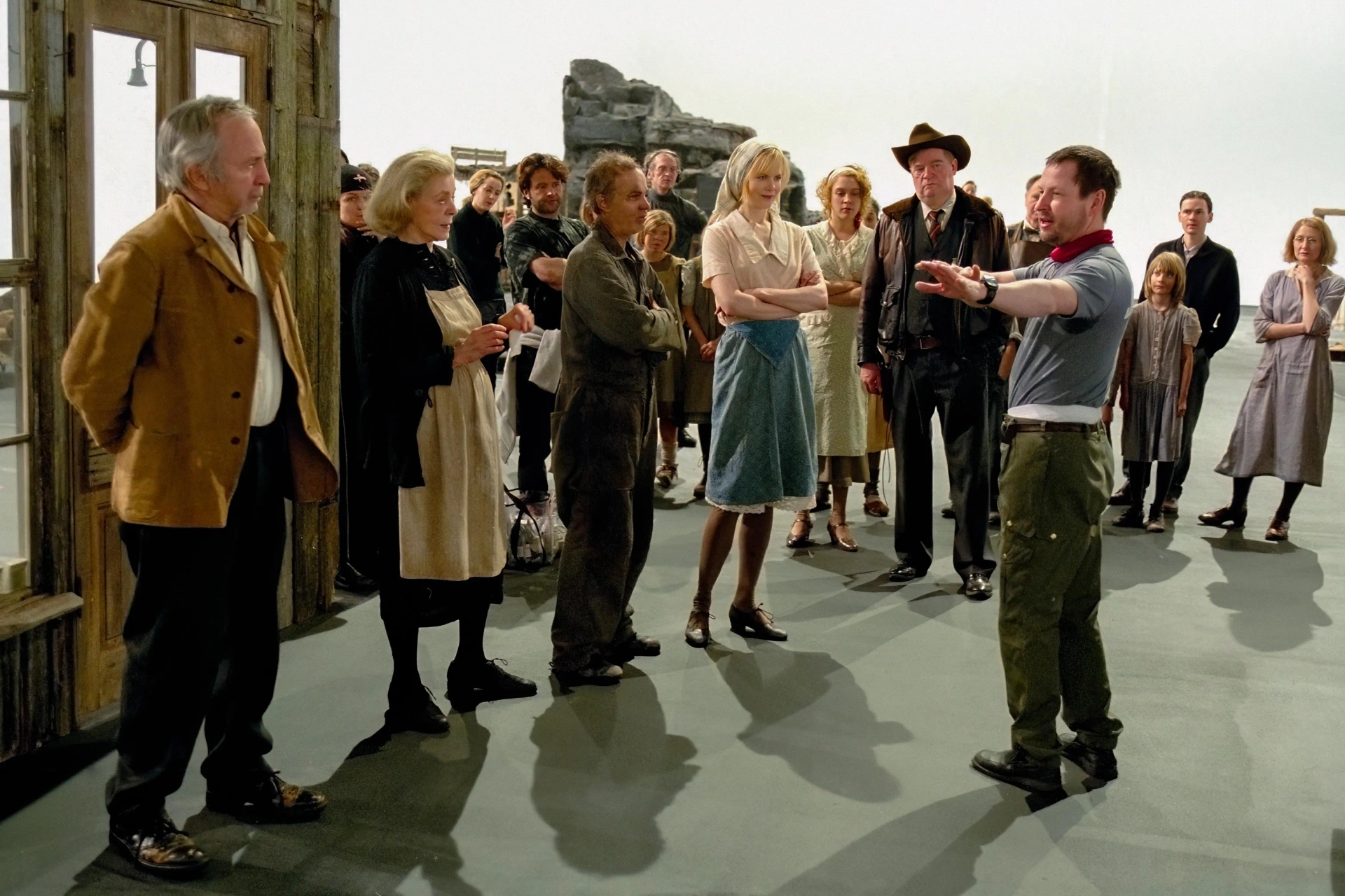 Lauren Bacall, Nicole Kidman, Jeremy Davies, Ben Gazzara, Chloë Sevigny, Lars von Trier, Patricia Clarkson, Zeljko Ivanek, and John Randolph Jones in Dogville (2003)