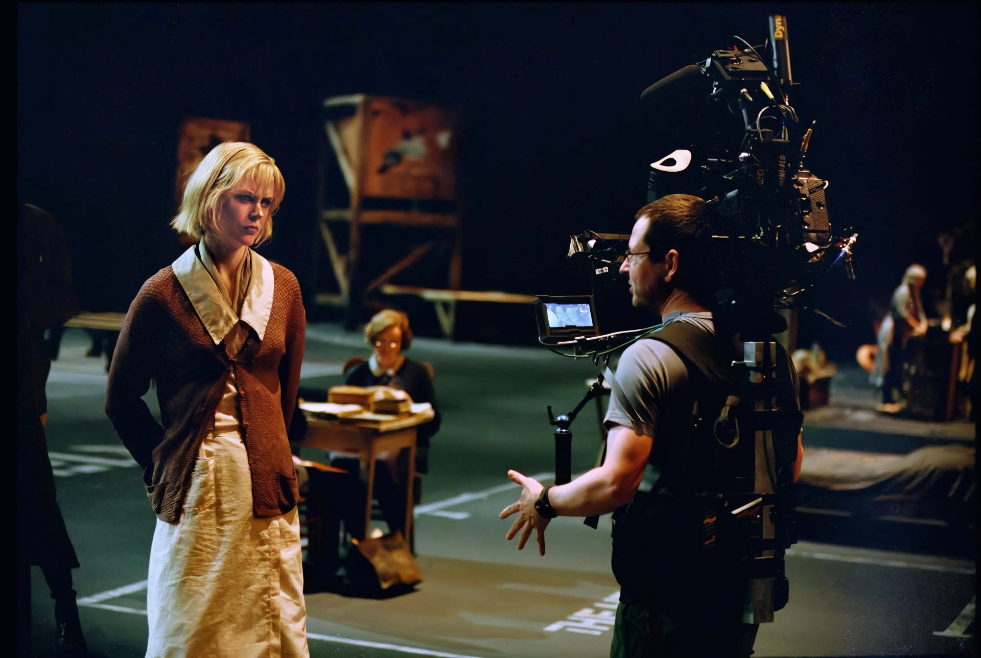 Nicole Kidman, Lars von Trier, and Blair Brown in Dogville (2003)